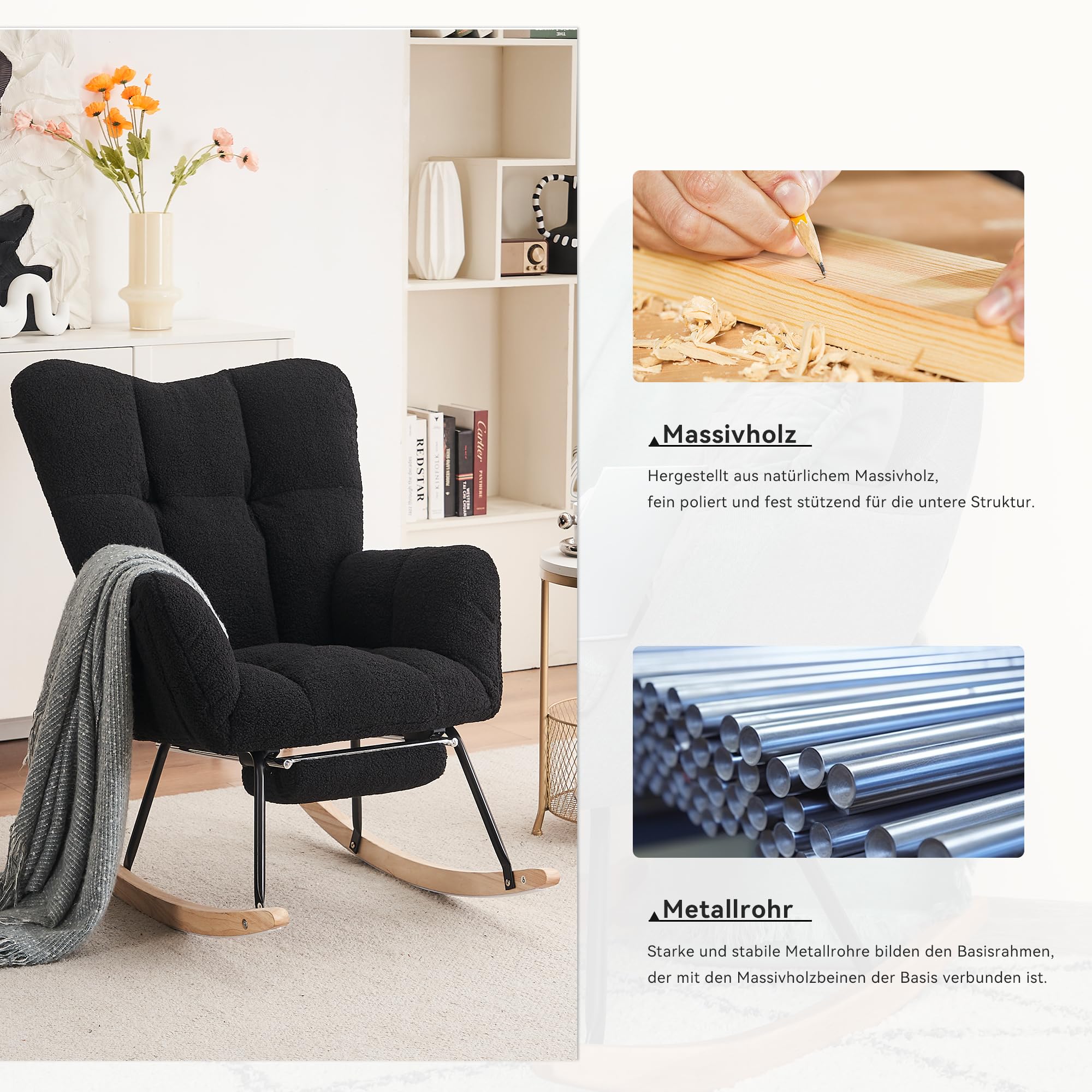 Mecedora, cómoda silla de lactancia, mecedora con reposapiés para sala de estar, dormitorio, cómoda silla de lectura para habitación infantil, adecuada para salón, dormitorio (negro)
