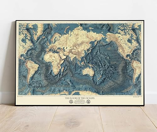 Historic Pictoric Mapa de pared, mundo - Suelos oceánicos y alivio de la tierra. 1976 - Arte de pared vintage - 24 x 16 pulgadas