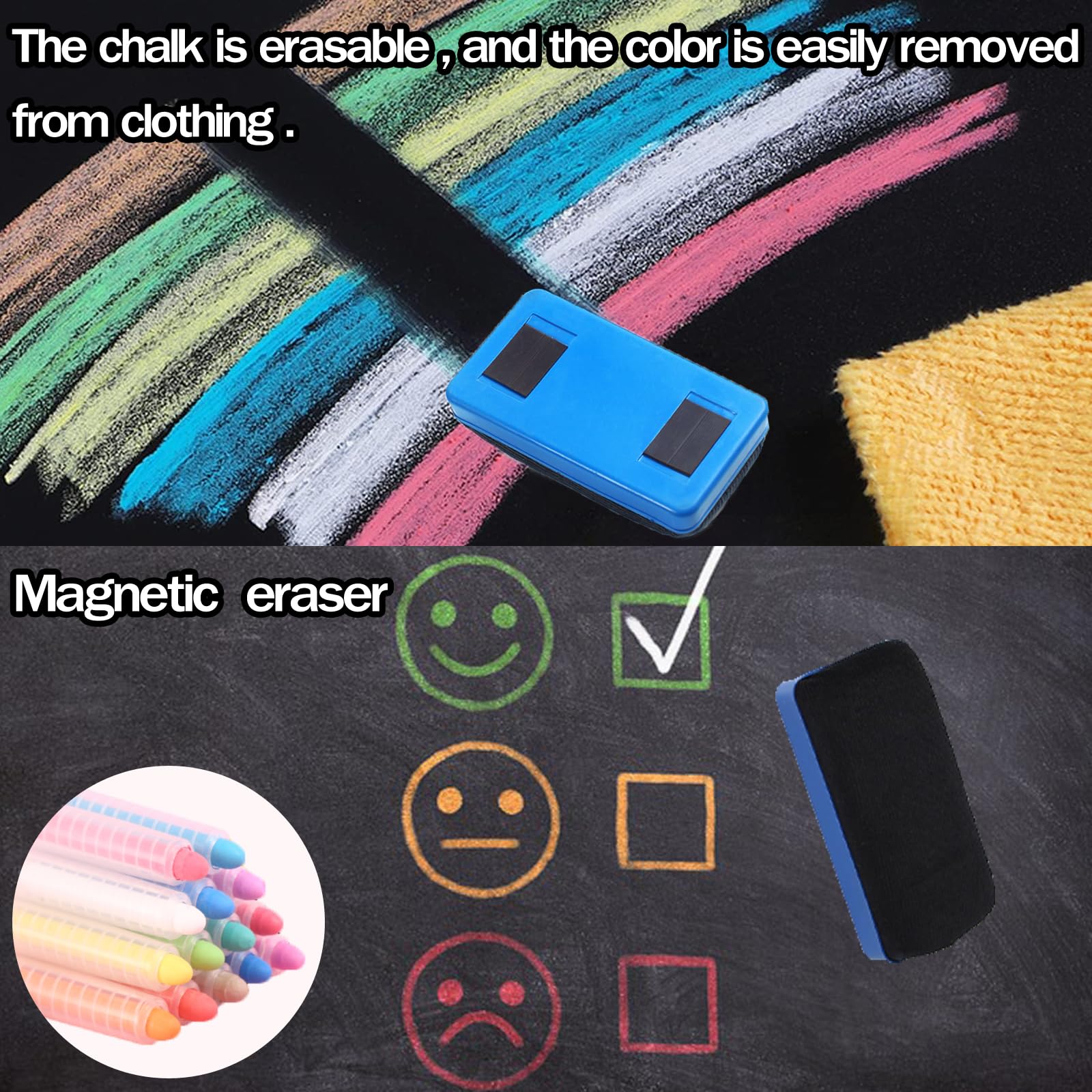 Lote de 12 lápices de tiza de color sin polvo para niños, tiza lavable no tóxica, con 1 soporte magnético para tizas y 1 borrador para pizarra negra y herramientas de escritura