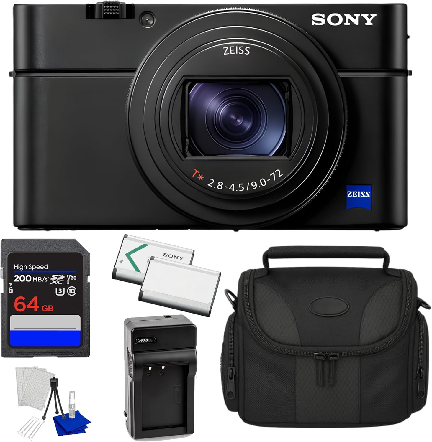 Sony RX100 VII Premium Compact Camera with 1.0-Type Stacked CMOS Sensor, ZEISS Lens, (DSC-RX100M7) Bundle with 64GB SD Memory Card + Extra Battery + Charger + Bag + Starter Kit + More (Renewed)