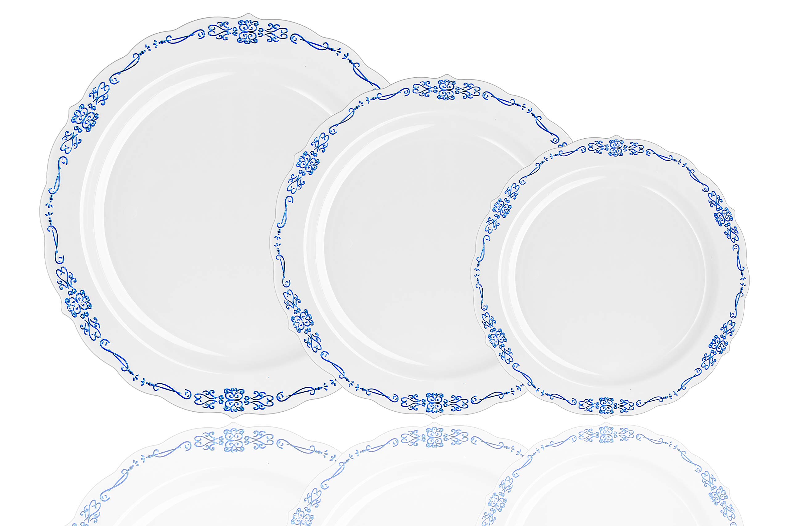 Exquisite 60 Pcs Disposable Plastic Plates | Victorian Design Premium Disposable Plates | 10 inch. White & Navy China Like Plastic Plates For Parties & Weddings