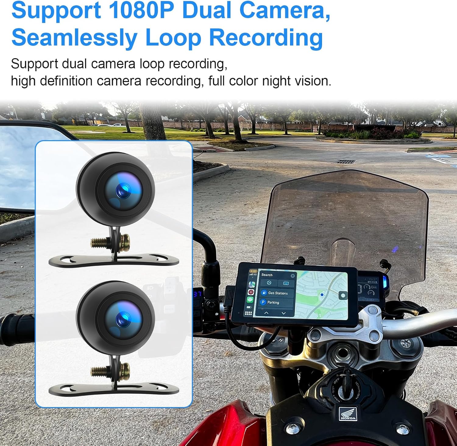5.5" Portable Motorcycle Dash Cam, Motorcycle Carplay/Android Auto, Motorbike GPS Navigation, Dual 1080P HD Motorbike Camera, IP66 Waterproof Touchscreen, BT, Support Siri, Google Assistant