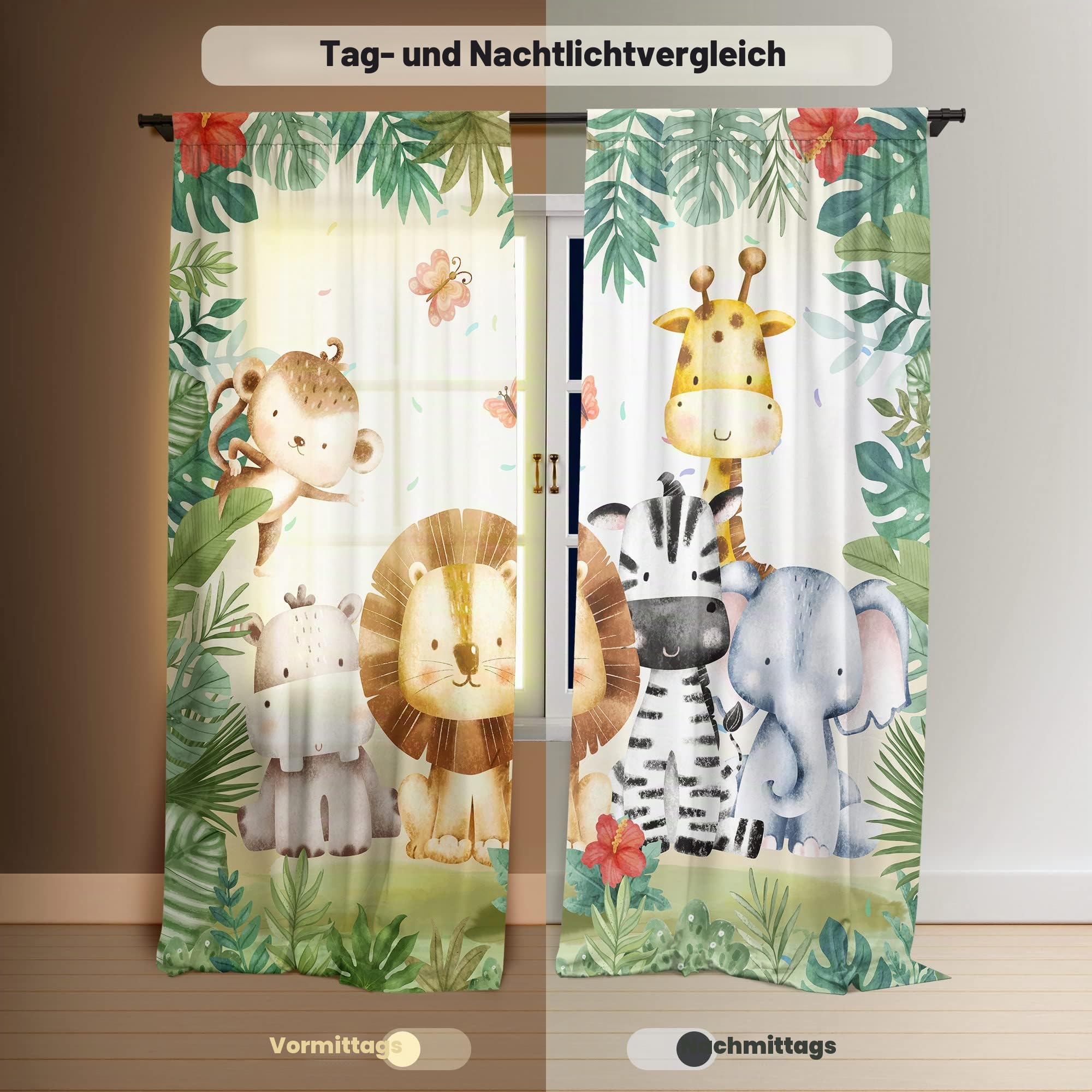 Dschungel-Safari-Fenstervorhänge für Kinder, Jungen, Mädchen, Aquarell, Cartoon, Wald, Tiere, Baby, Wohnzimmer, Schlafzimmer, Kinderzimmer, strapazierfähiger Stoff, 208.3x213x213 cm