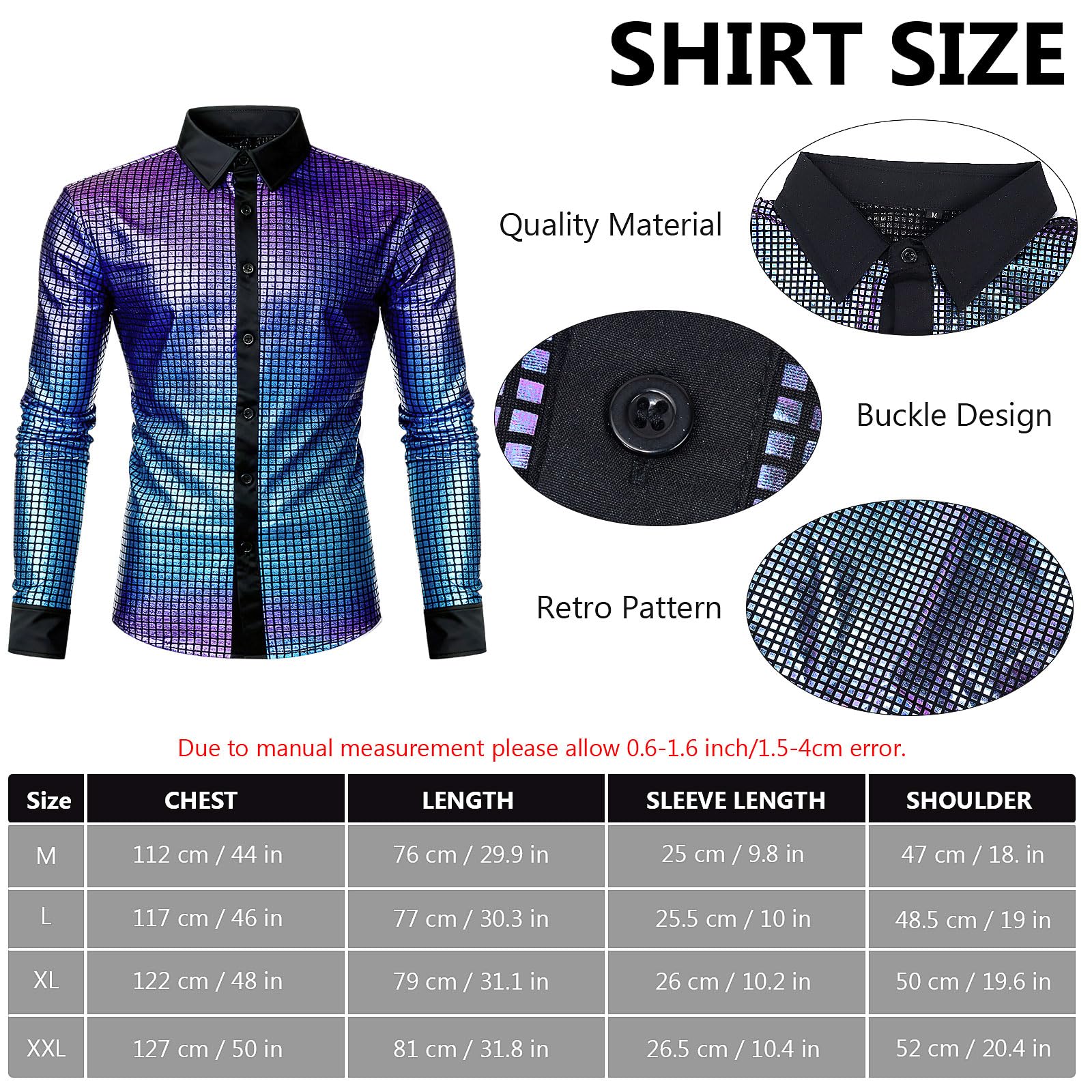 Malloom 70s Disco Outfit for Men 60s Costume with Retro Shirt Bell Bottom Pants Wig Necklace Sunglasses Mustache (M) - Image 3