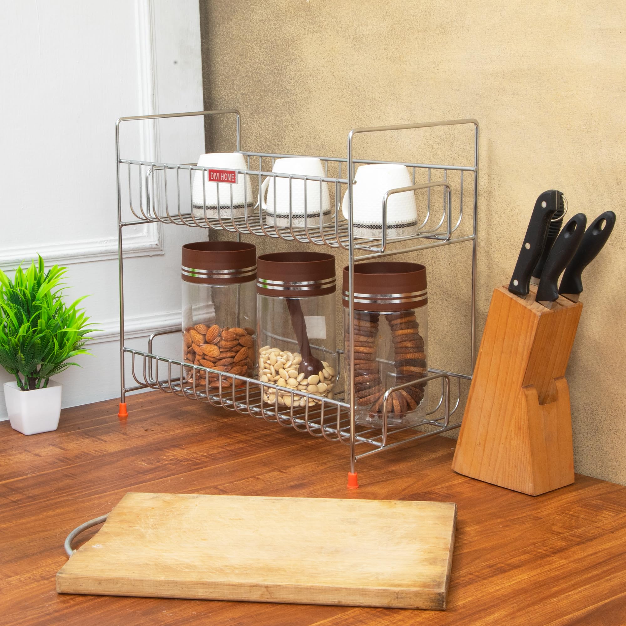 DIVI HOME NEEDS | 2-Tier Spice Rack Organizer | Stainless Steel Kitchen Shelf for Spice Jars, Condiments & Seasonings | Modern Countertop Storage Solution | Durable & Easy to Clean