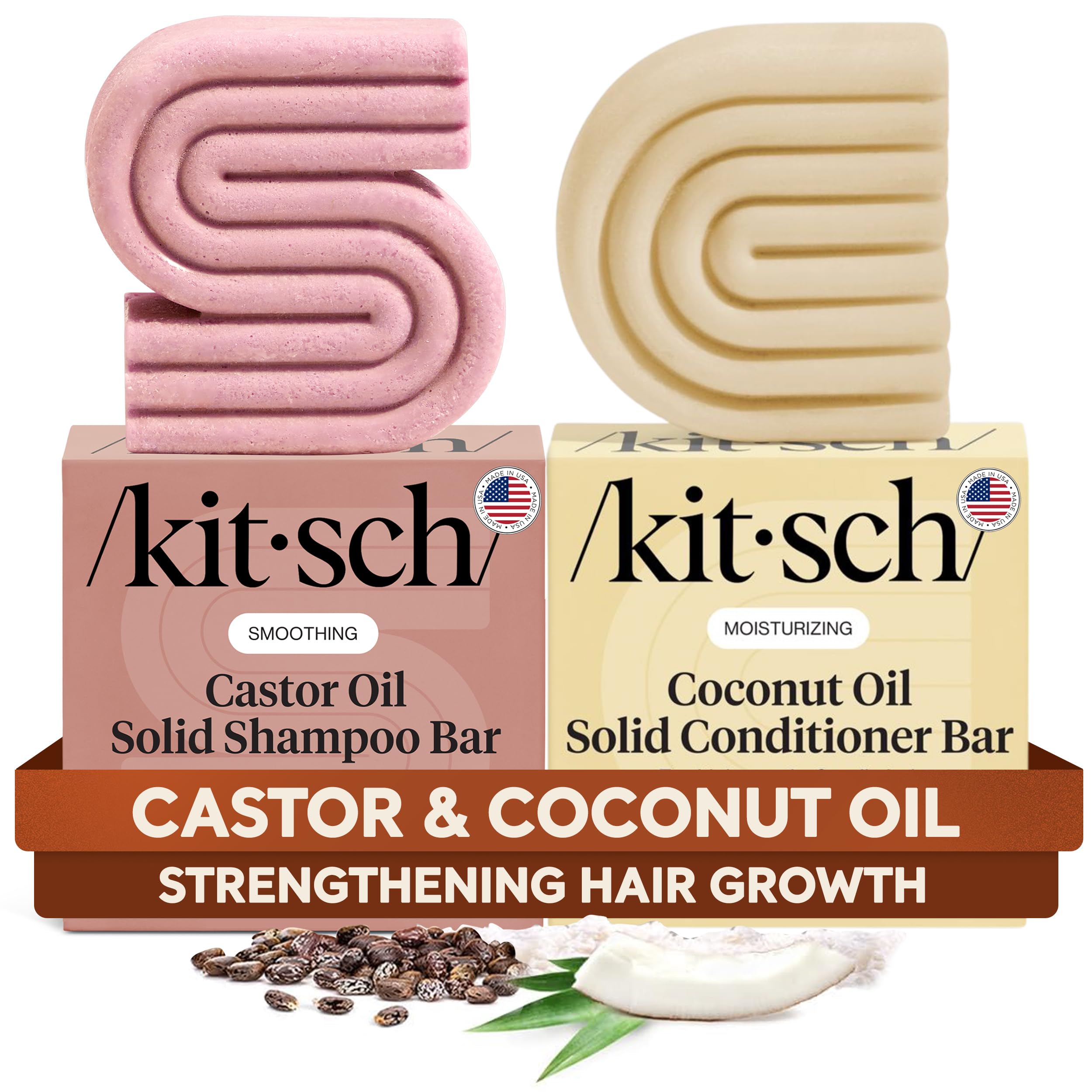 Kitsch Castor Oil Shampoo Bar & Coconut Oil Conditioner Bar – Nourishing Shampoo and Conditioner Set for Dry, Damaged Hair – Strengthening Hair Care, Hydrating & Deep-Moisturizing - 2pc set