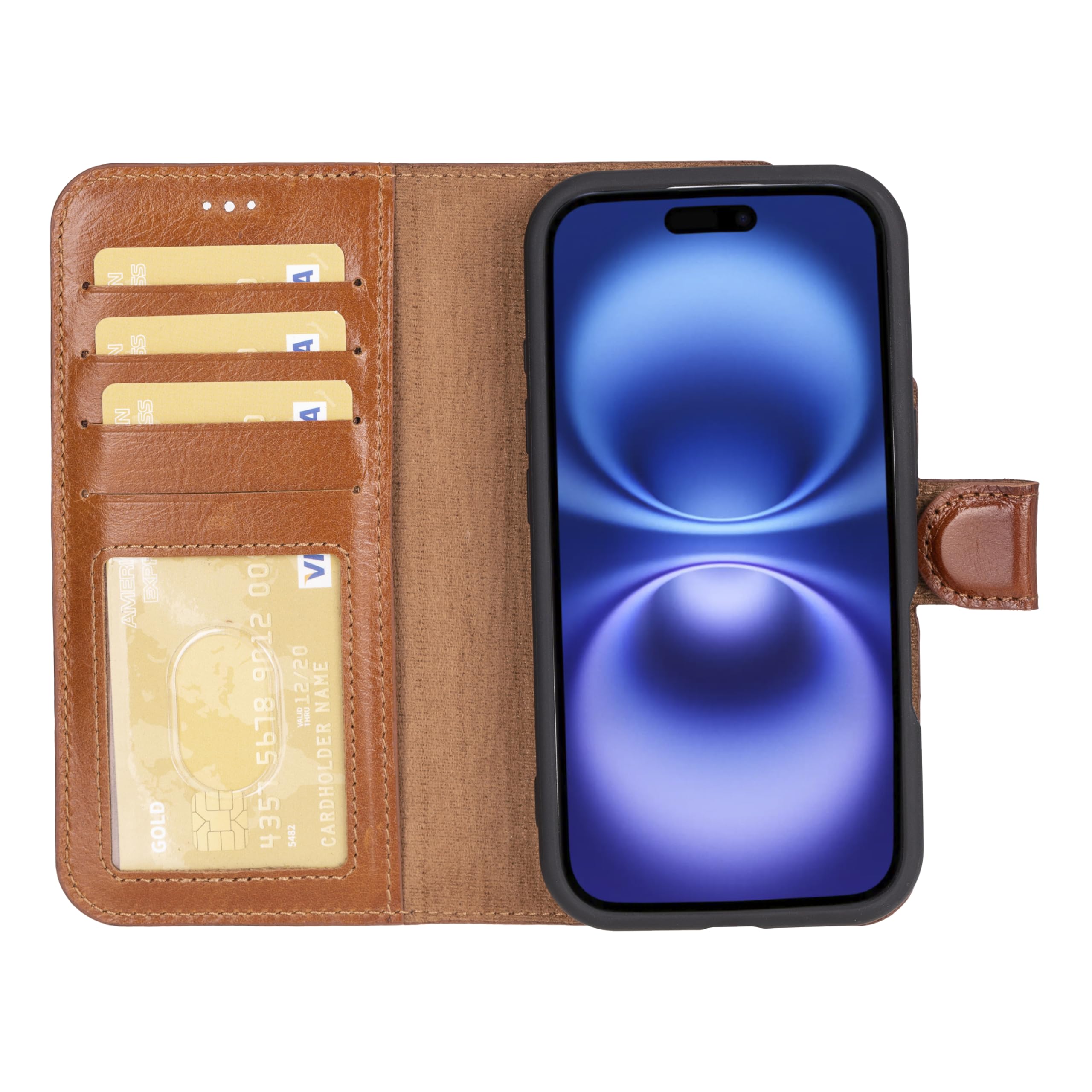 Funda tipo cartera de piel auténtica compatible con iPhone 16 (6.1 pulgadas), bloqueo RFID, tarjetero, soporta carga compatible con MagSafe, cierre magnético (bronceado rústico)