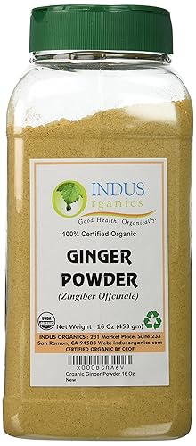 Indus Organics Jengibre en polvo, frasco de 1 libra, sin sulfito, grado premium, alta pureza, recién empaquetado