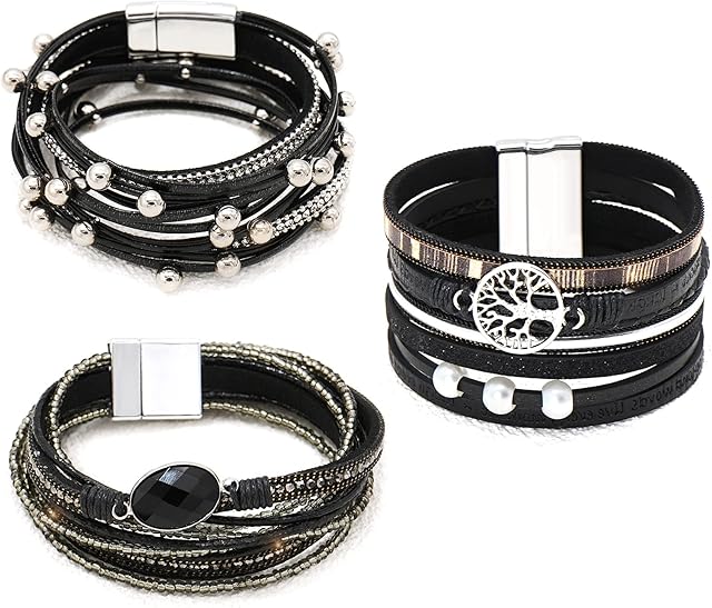 KharmLaddy Multilayer Leather Bracelet Set Wrap Bracelet Wrist Cuff Bangles with Magnetic Buckle for Women Girls