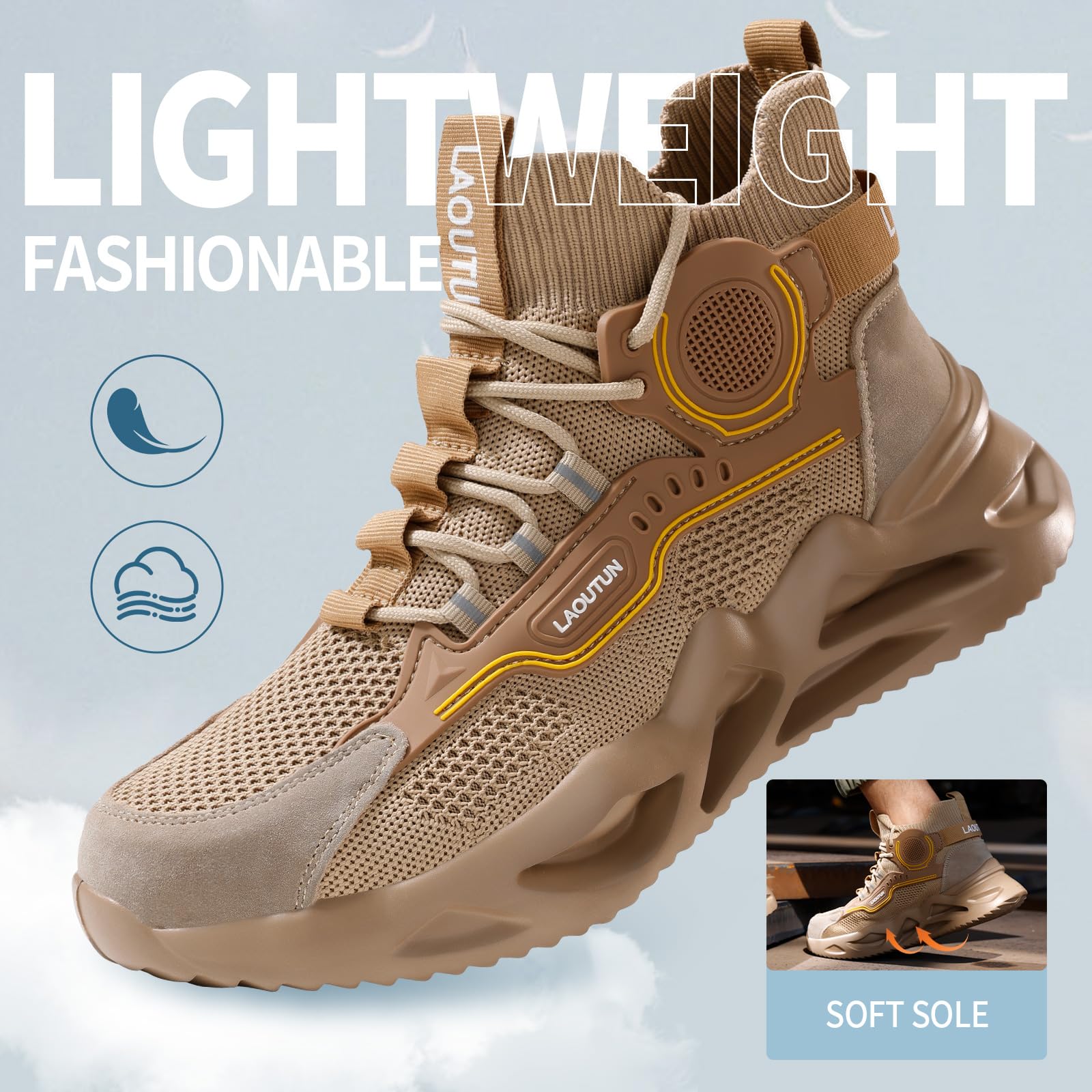 LAoutun Zapatillas de seguridad cómodas con puntera de acero, zapatos de seguridad para hombre, botas de trabajo ligeras para hombre, zapatos de trabajo de protección industrial, color negro oscuro