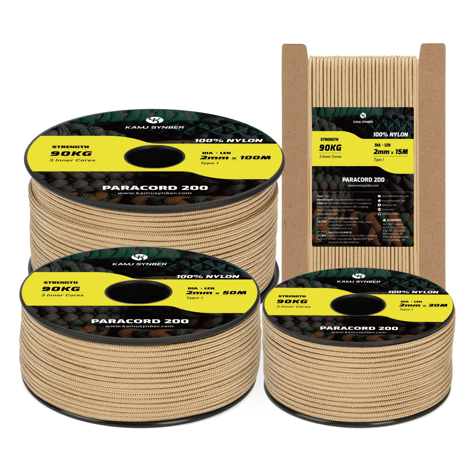 Kamu Synber Paracord 2mm 3 Strands 100M 100% Nylon Rope Type I Parachute Cord for Craft, Outdoor, DIY, Camping | Support 90kg | Tan