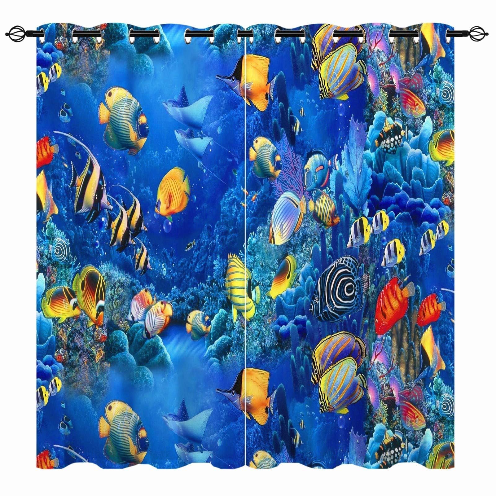 YUANZU Ocean Curtains - Tropical Fish Coral Animal Underwater Sea World Scene Print Pattern Eyelet Blackout Thermal Room Darkening Window Drapes for Bedroom Living Room 2 Panels W132cm x D213cm