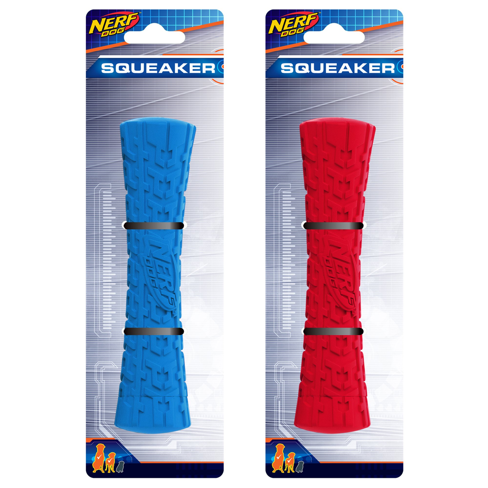 Nerf Dog Tire Stick Dog Toy with Interactive Squeaker, Lightweight, Durable and Water Resistant, 7 Inches, For Medium/Large Breeds, Two Pack, Blue and Red