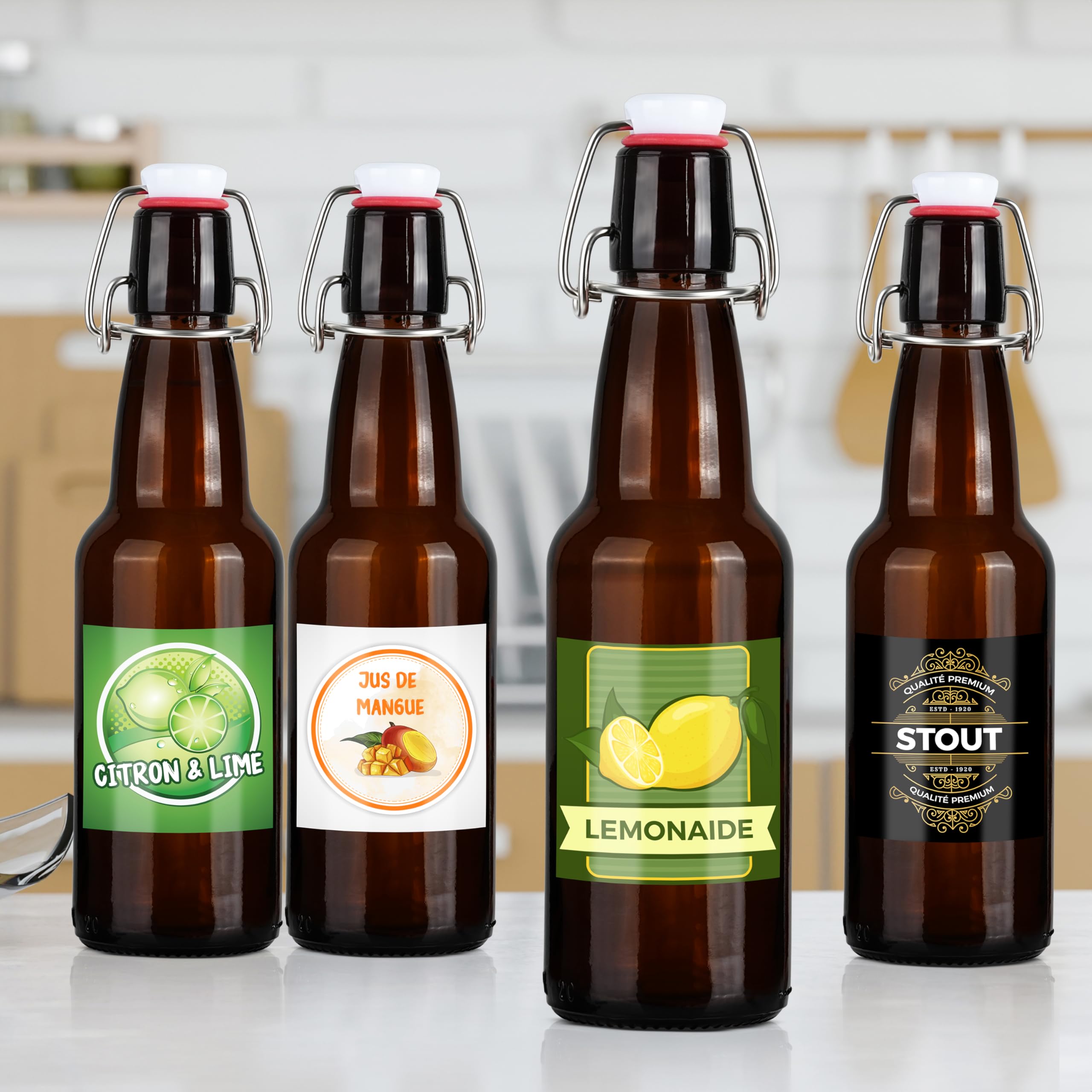 Winter Shore Petites Bouteilles en Verre Ambrées 360 ml (Lot de 10) | Bouteille Biere Vide avec Bouchon à Bascule & Étiquettes, Bouteilles Kombucha & Soda