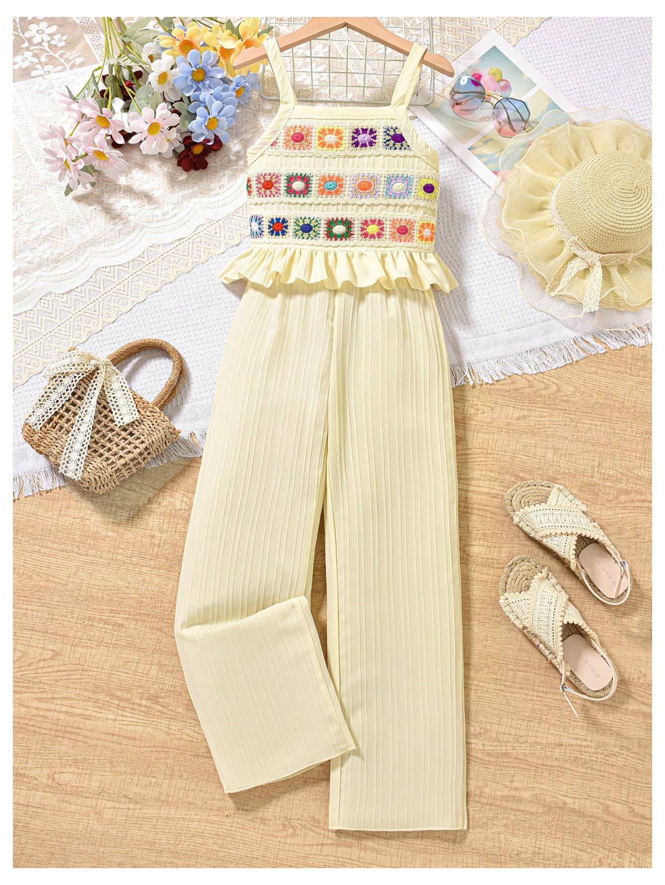 Floerns Conjunto de 2 piezas para niña, camiseta de punto de verano con pantalones de pierna ancha