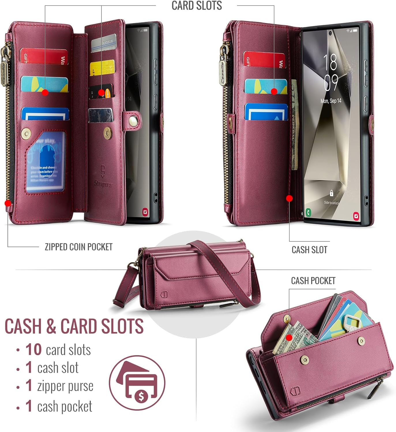 Wallet Case Compatible with Samsung Galaxy S24 Ultra 5G RFID Blocking 10-Card Holder Soft PU Leather Magnetic Snap Strap Zipper Pocket Phone Case Fit for Galaxy S24 Ultra - Wine Red - Image 2
