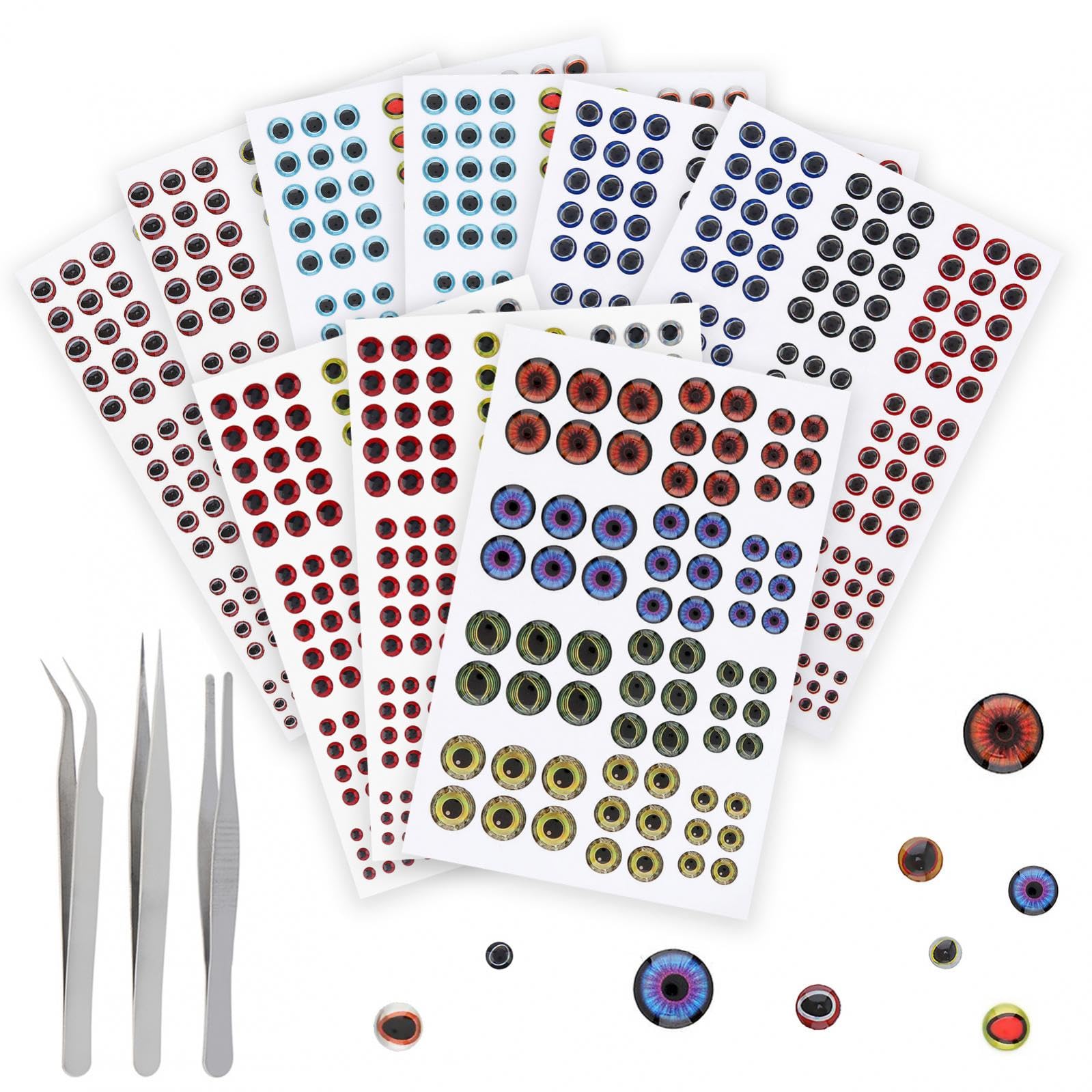 OriGlam Fishing Lure Eyes, Lifelike 2D/3D/4D/5D Fish Eyes, Realistic Fake Eyes Sizes 3/4/5/6/8/10mm, Oval Pupil Fishing Lure Eyes, Fly Tying Crafts DIY Making Kit with Tweezers (1536pcs)