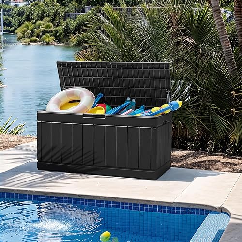 Miniatura 5 de Flamaker Caja de almacenamiento para exteriores, 85 galones, de resina, impermeable, con textura de madera, contenedor de almacenamiento grande para