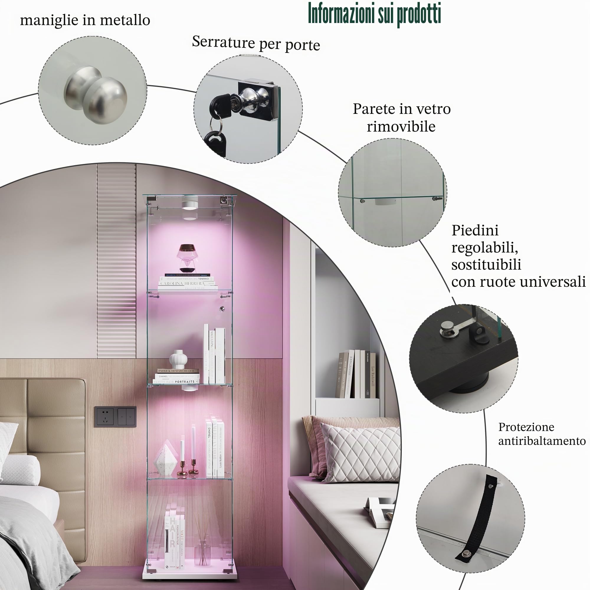 Vetrina in Vetro 163 x 40 x 35 cm a 4 Ripiani a 1 Ante, vetrina su Base con LED, Armadio da Collezione Moderno per Soggiorno, Camera da Letto, Ufficio (Bianco+Porta Singola + luci di Pat)