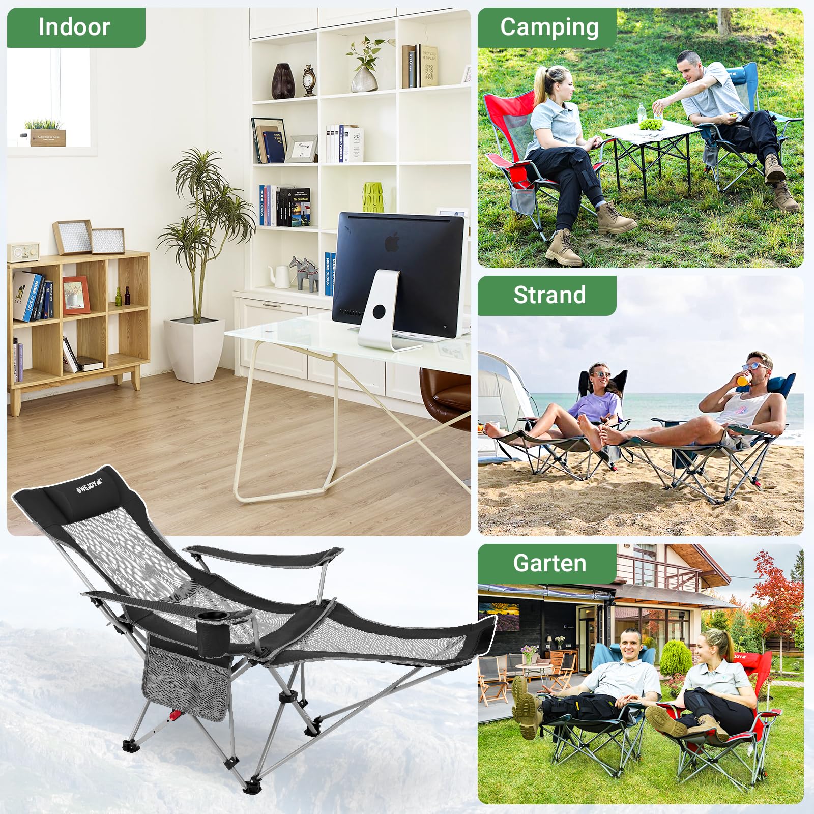 #WEJOY 2-in-1 Campingstuhl Faltbar, Strandstuhl mit Verstellbarer Rückenlehne & Fußstütze, Relaxsessel Liege mit Getränkehalter, Liegestuhl Angelstuhl für Outdoor Camping