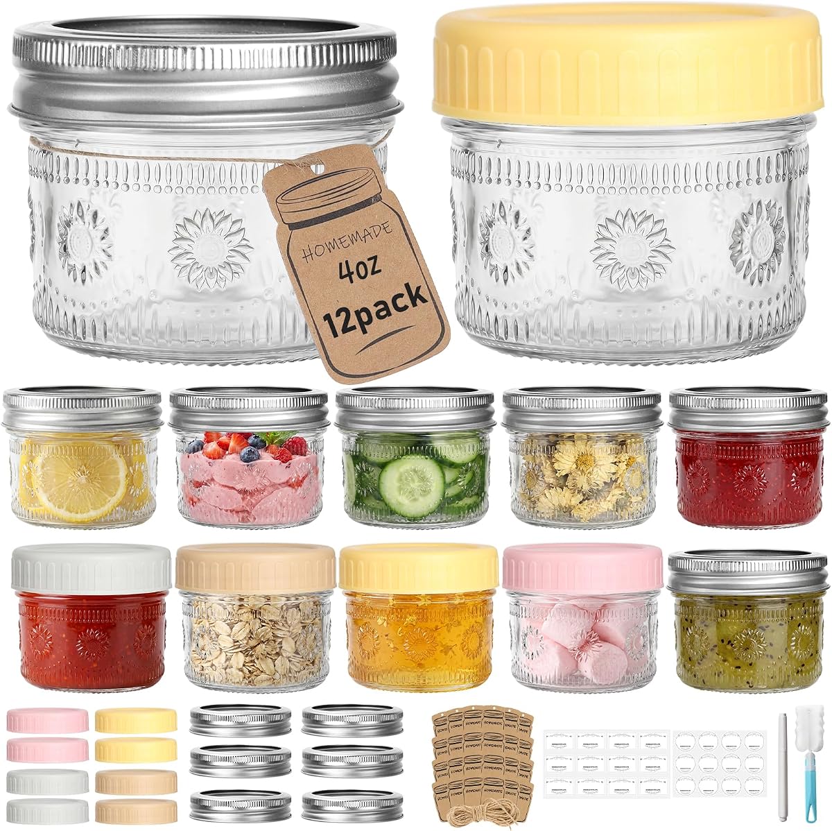 CycleMore 4oz Mason Jars, 12 Pack SunFlower Jar With Silver Separable Lids & Colorful Plastic Lids, Mini Canning Jars for Honey, Jam, Jelly, Wedding Favors, Kitchen Food Storage