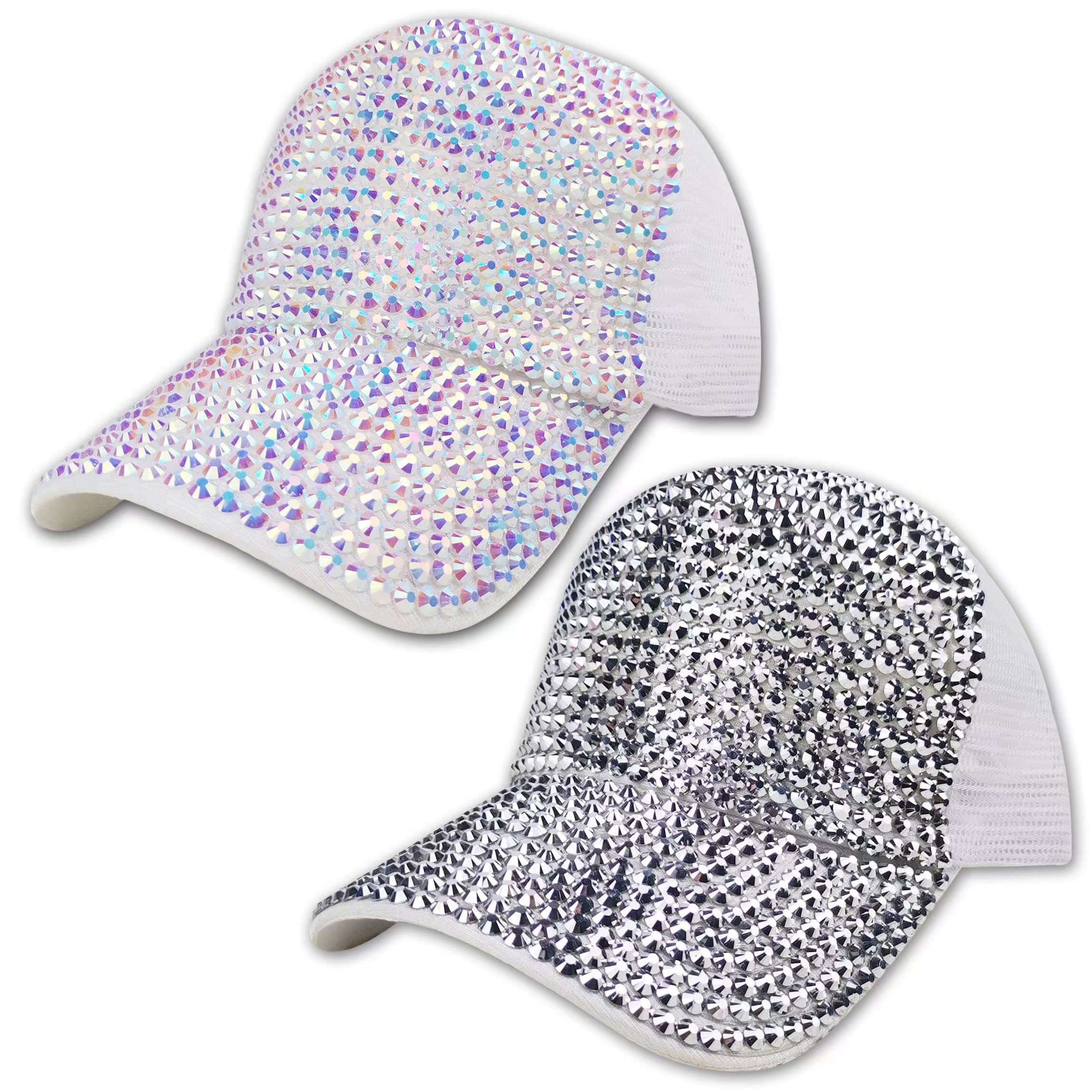 2 Pack Baseball Caps Bling Adjustable Women Diamond Studded Rhinestone Crystals Shining Ladies Summer Beach Travel Sun Visor Golf Party Hat (Silver,Pink)