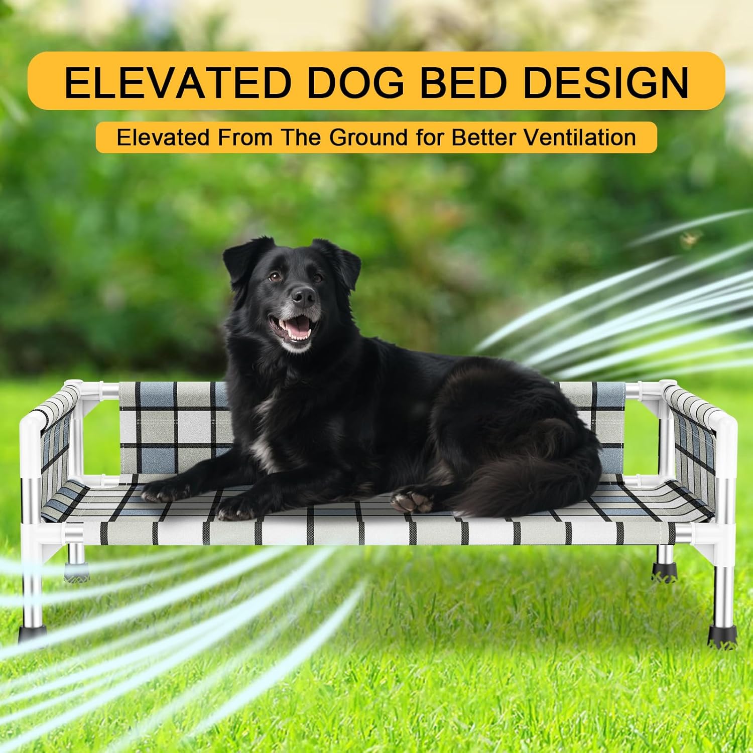 Elevated Raised Outdoor Dog Bed - Cooling Washable Dog Cot with Guardrail, Durable & Breathable Cotton Mesh Pet Hammock Beds with Stainless Steel Pipe Frame for Medium Pets (34'' x 20'' x 12'')
