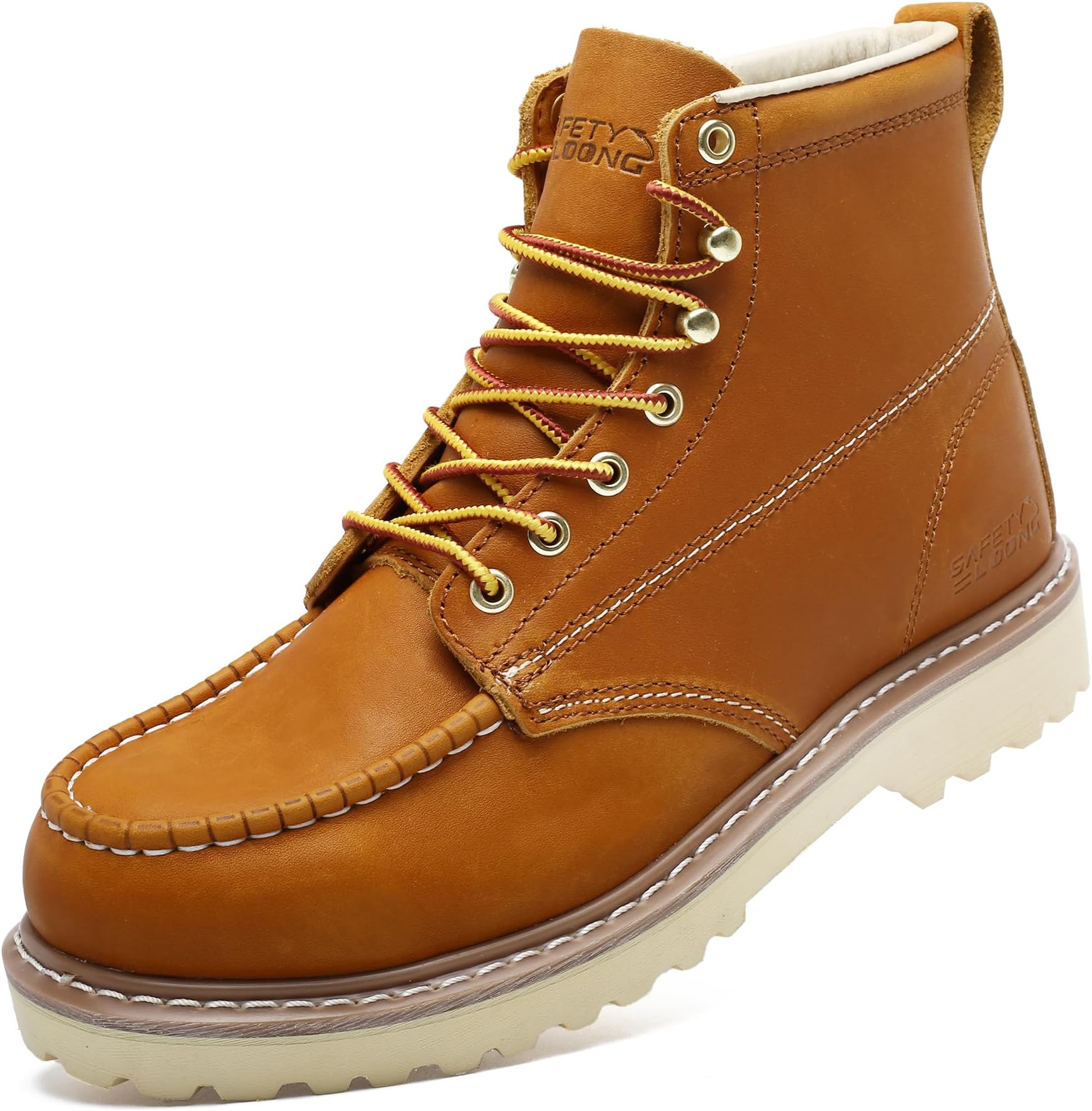 Moc Toe Work Boots for Men Soft Toe Comfortable Full-Grain Leather 6" Non Slip and Water Resistant Safety Ankle Workboots