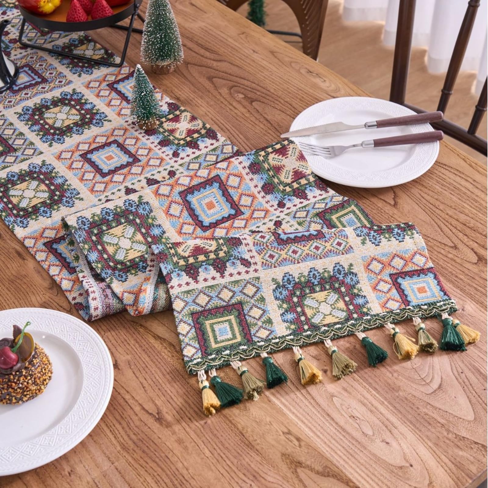 Runner da Tavolo Poliestere Cotone 33x220 cm, Runner da Tavola Moderno Lavabile Motivo Quadri Geometrico Jacquard con Nappe Decorazioni Matrimonio Tavoli per Cucina, Beige