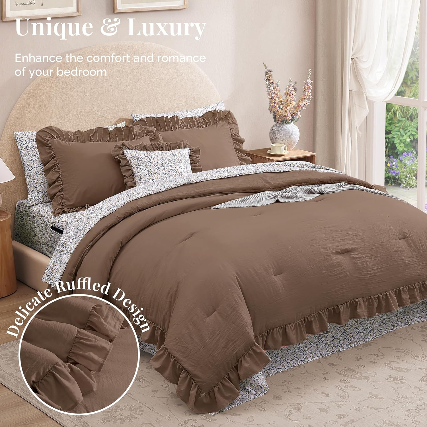 Queen Comforter Set - 7 Pieces Ruffle Amber Brown Bedding Sets, Shabby Chic Farmhouse Bed in a Bag with Ruffle Comforter, Floral Sheets, Pillowcases & Shams - Image 2