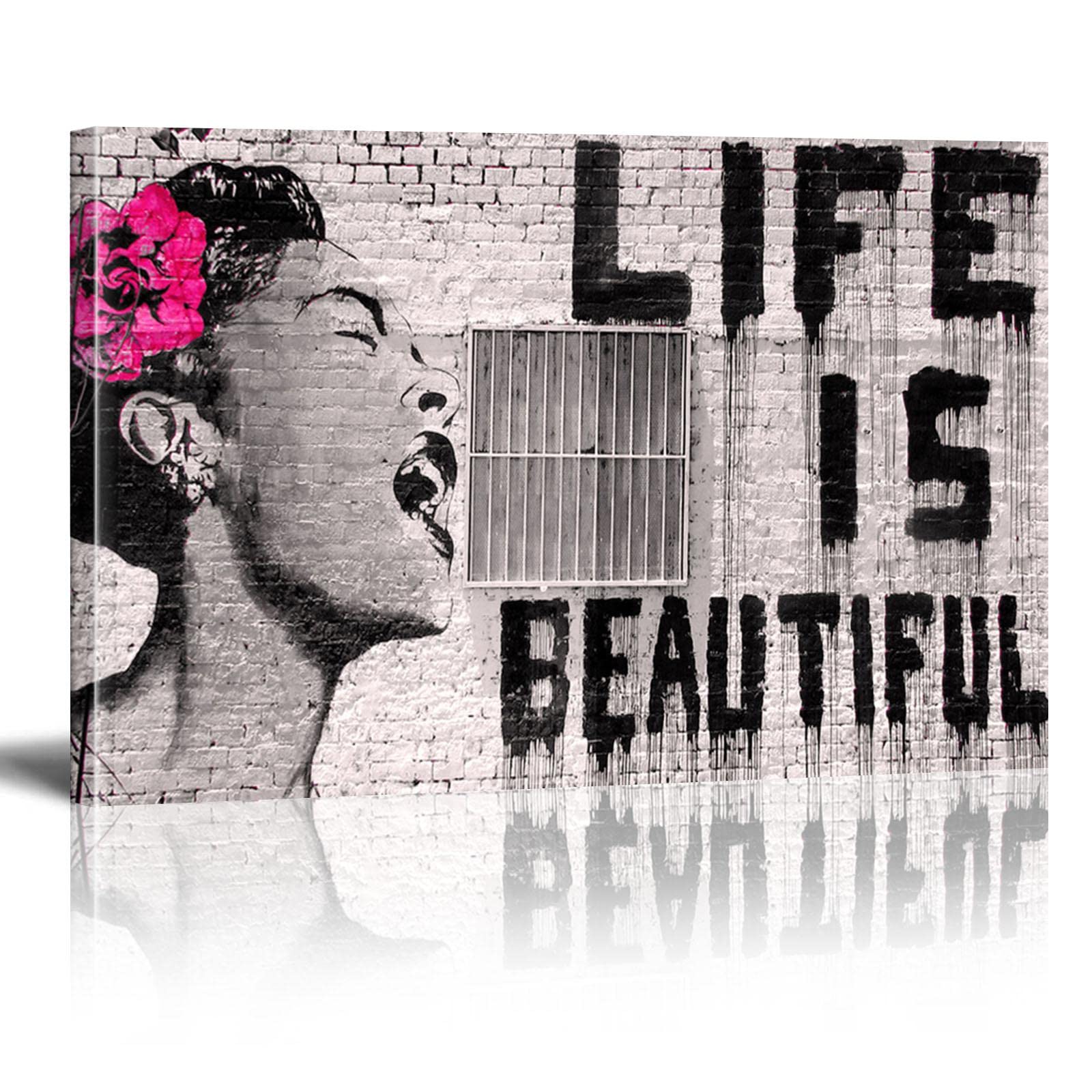 XIANGPEIFBH Banksy Artwork Life is Beautiful Modern Giclee Canvas Prints Grey Love Pictures Abstract Paintings on Canvas Wall Art for Bedroom Home Office Decor 70x105cm(27x41in) With Frame — image 1