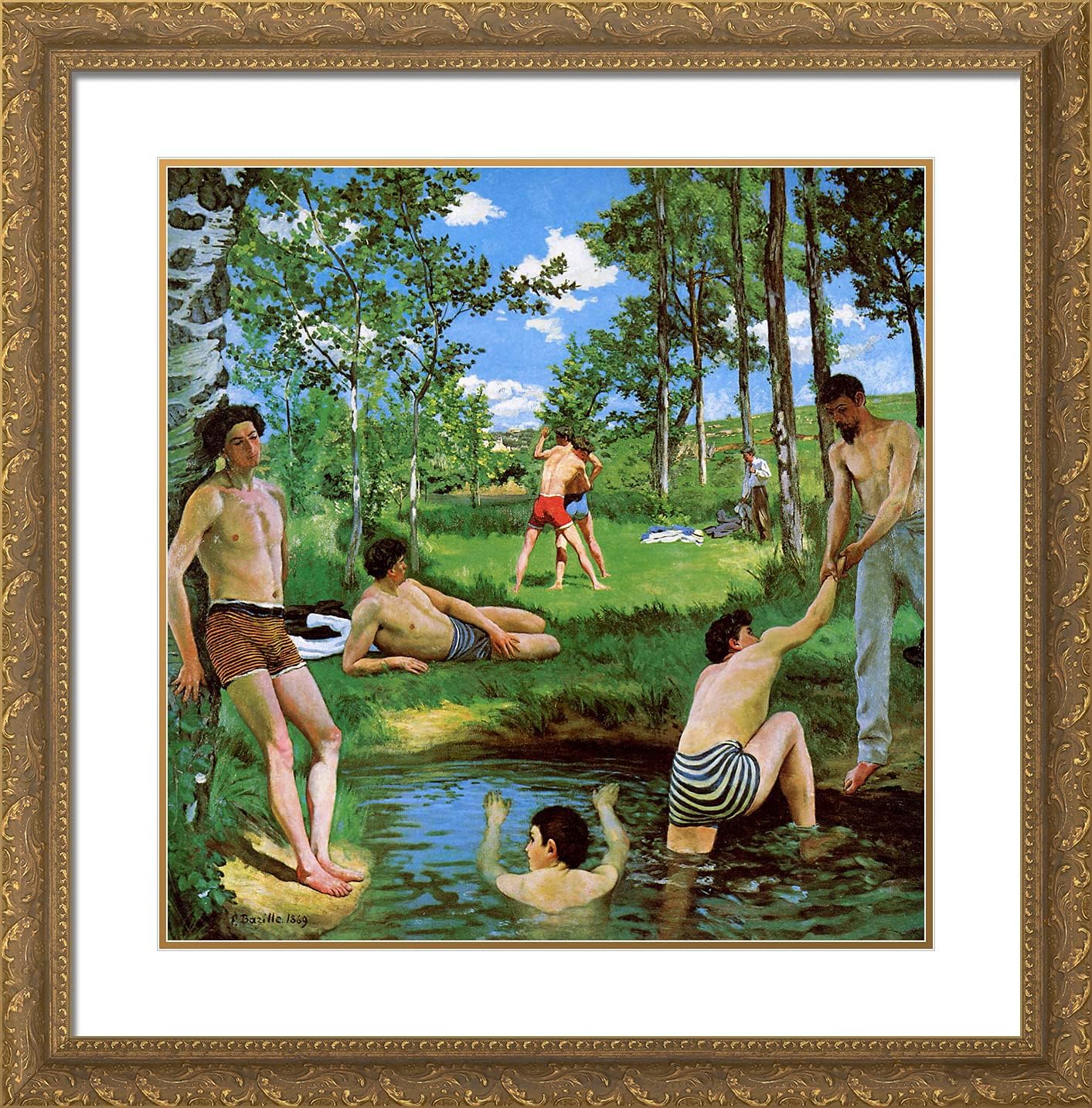 ArtDirect Bazille, Frederic 20x20 Gold Ornate Framed Art Print with Double Matting Titled: Bathers Summer Scene