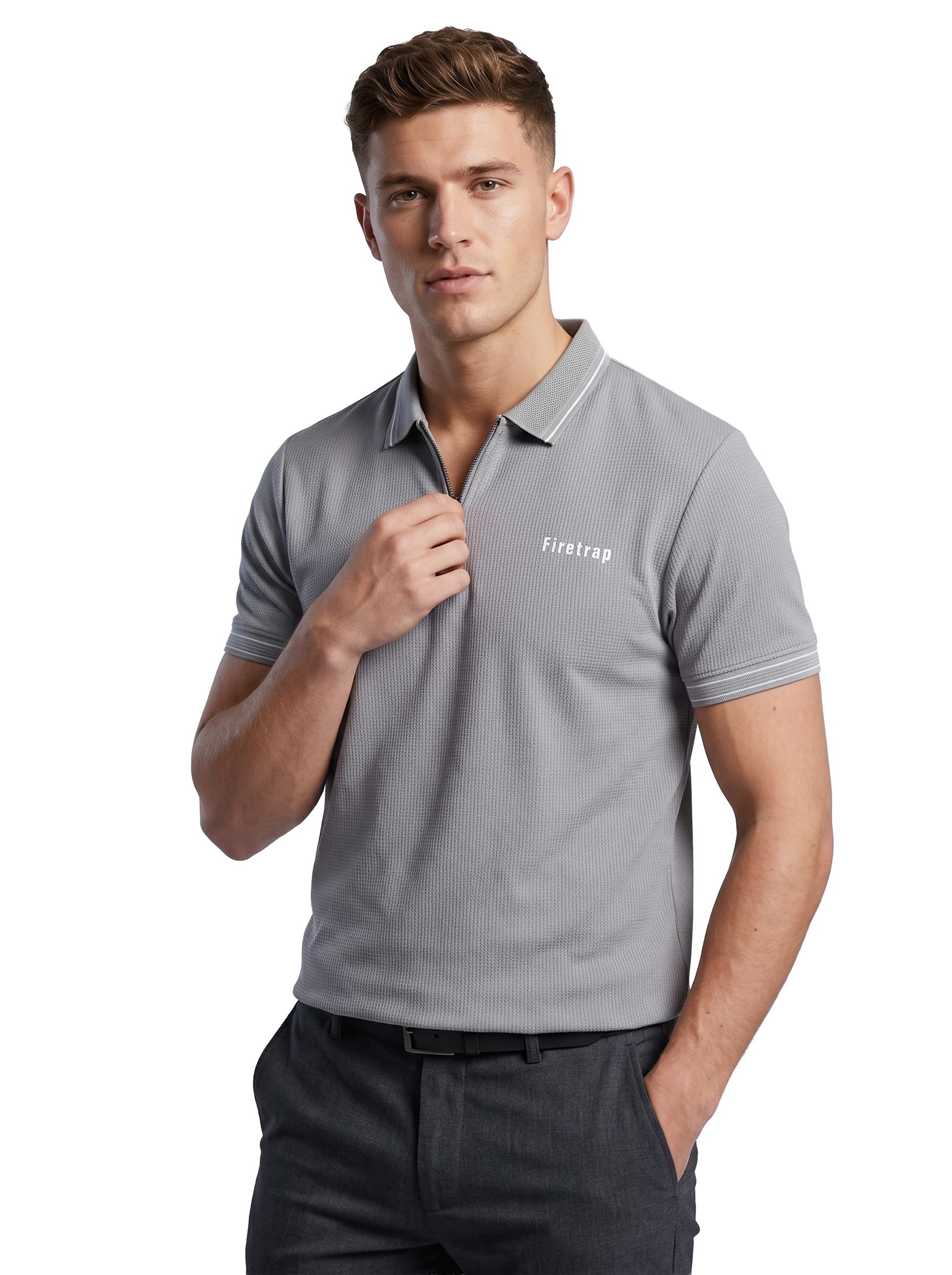 Firetrap Mens Designer Polo T Shirt 1/4 Zip Quarter Zip Textured Cotton Collared Top with Short Sleeves Grey XL