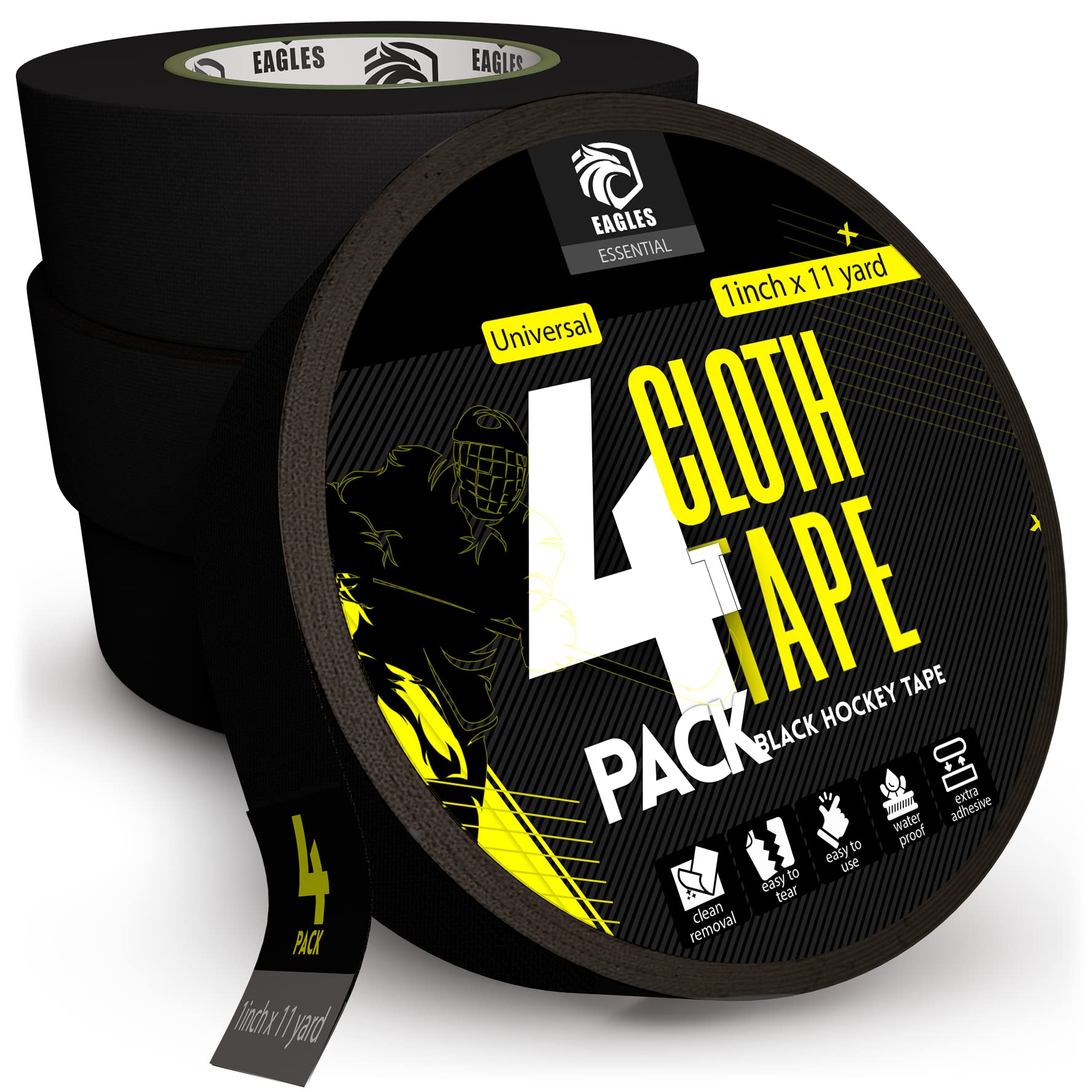 EAGLES 4 Pack Hockey Tape Black, White or Clear Multipurpose Durable Cloth or PVC Tape Roll - Strong Adhesive - Hokey Sports Gifts, Accessories, Equipment, Gear