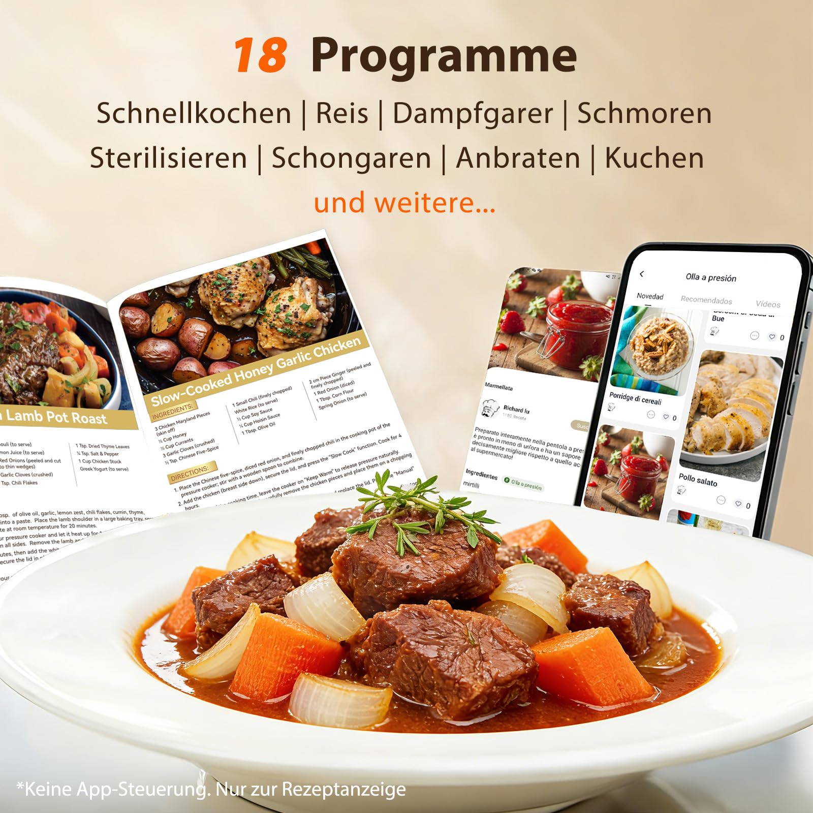 Aigostar Schnellkochtopf 6l, 18-in-1 Multikocher, Antihaft, leichte Reinigung, 1000 W Pressure Cooker, Rice Cooker, Slow Cooker, Dampfgarer, Joghurtbereiter, Speisewärmer inkl. farbigem Rezeptbuch