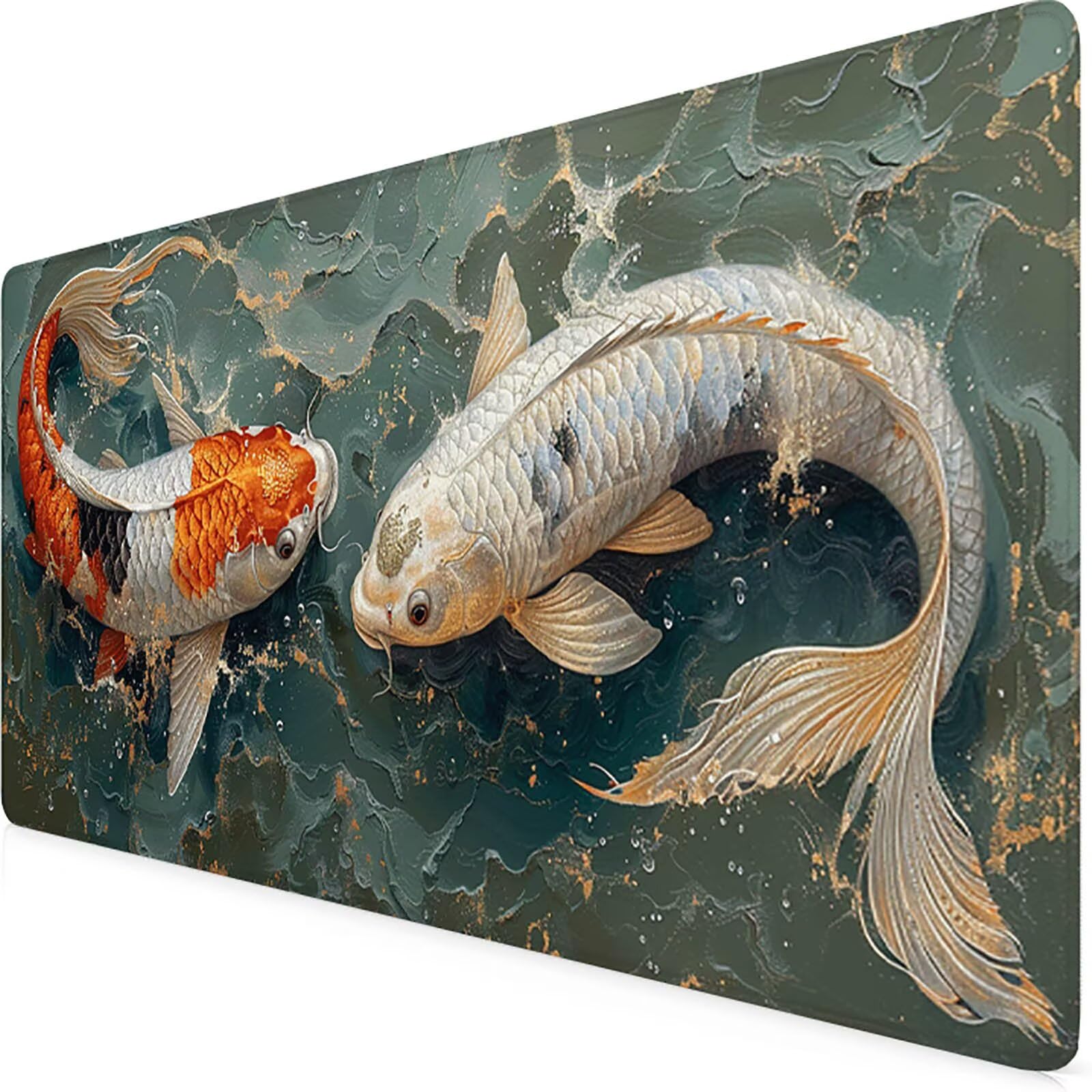 Fish Podkładka pod mysz XXL 1200 x 600 mm, beżowa podkładka pod mysz z antypoślizgową gumową podstawą, szyte krawędzie, wodoszczelna, na biurko, dekoracja biurka, akcesoria do komputera, na prezent