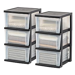 IRIS USA Plastic Drawer Storage Organizer, 3-Drawers, 2-Pack, for Classroom Art Craft Supplies, Bathroom Bedroom, Laundry Room, Black/Clear