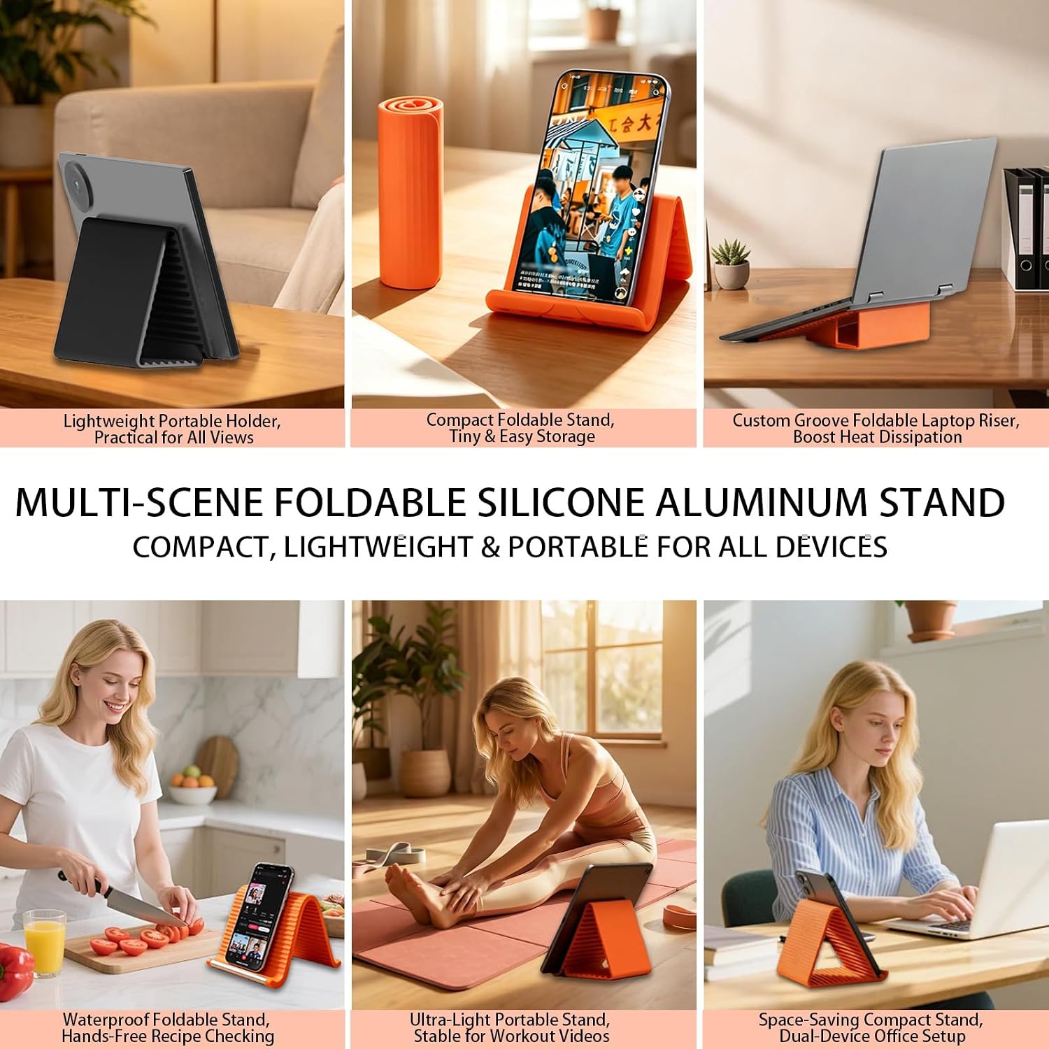Flexible Silicone Phone Stand, 2Pcs, Orange Black Dual Color | Foldable, Adjustable, Anti-Slip Aluminum, Desktop Stand, For Phone Tablet Laptop