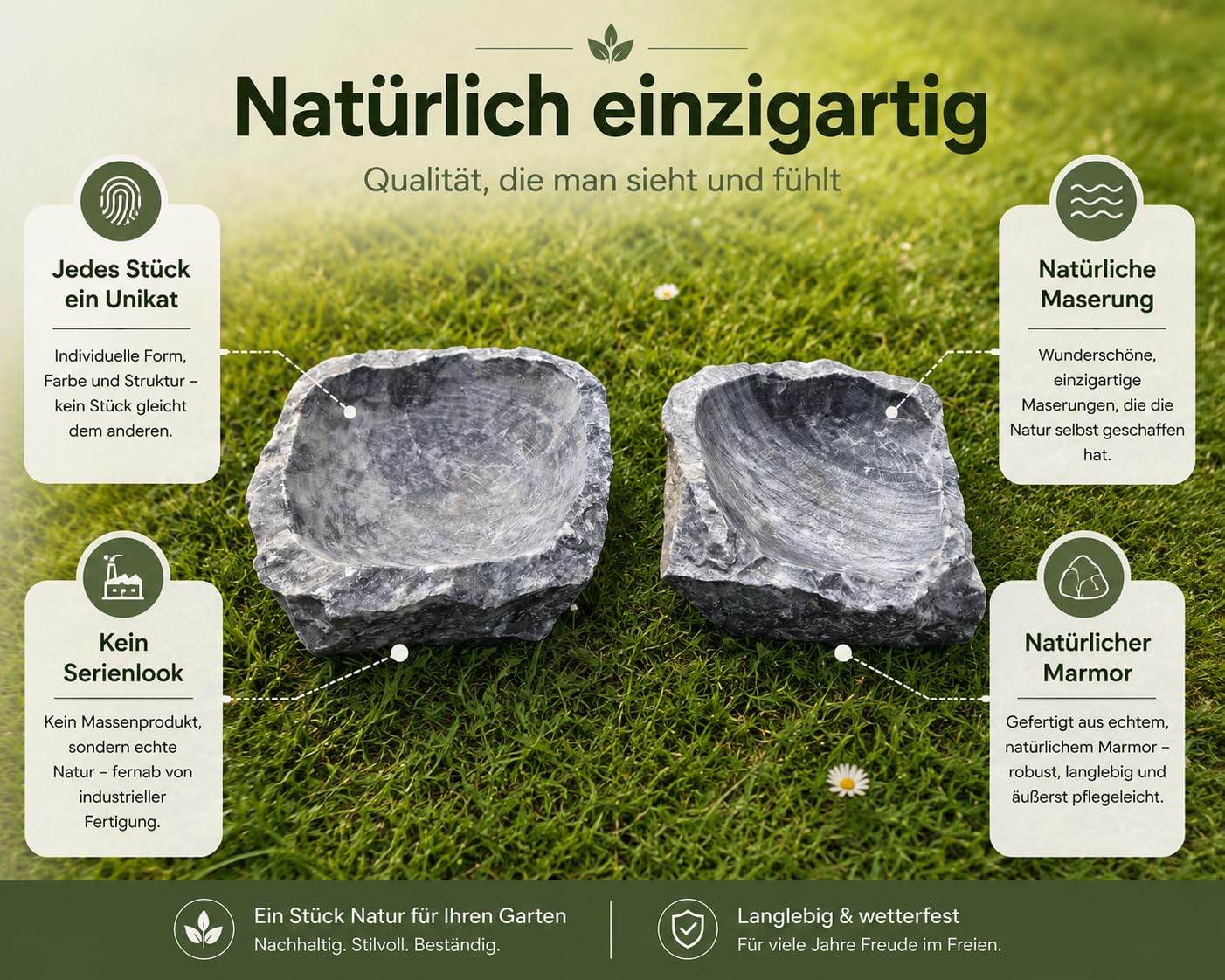 Marmor Vogeltränke | Trinkbecken Tränke für Vögel aus massivem Stein |Stilvolle Garten-Dekoration | Grau-Schwarz