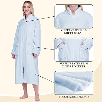 PAVILIA Womens Zip Up Robe with Pockets, Long Fleece Housecoat Bathrobe | Plush Warm Zipper Robe with Satin Trim and Waffle Cuffs, Soft Cozy Full Length House Coat Lounger, Bathrobe, Pockets