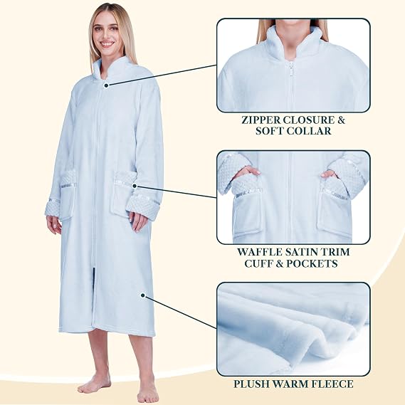 PAVILIA Womens Zip Up Robe with Pockets, Long Fleece Housecoat Bathrobe | Plush Warm Zipper Robe with Satin Trim and Waffle Cuffs, Soft Cozy Full Length House Coat Lounger, Bathrobe, Pockets