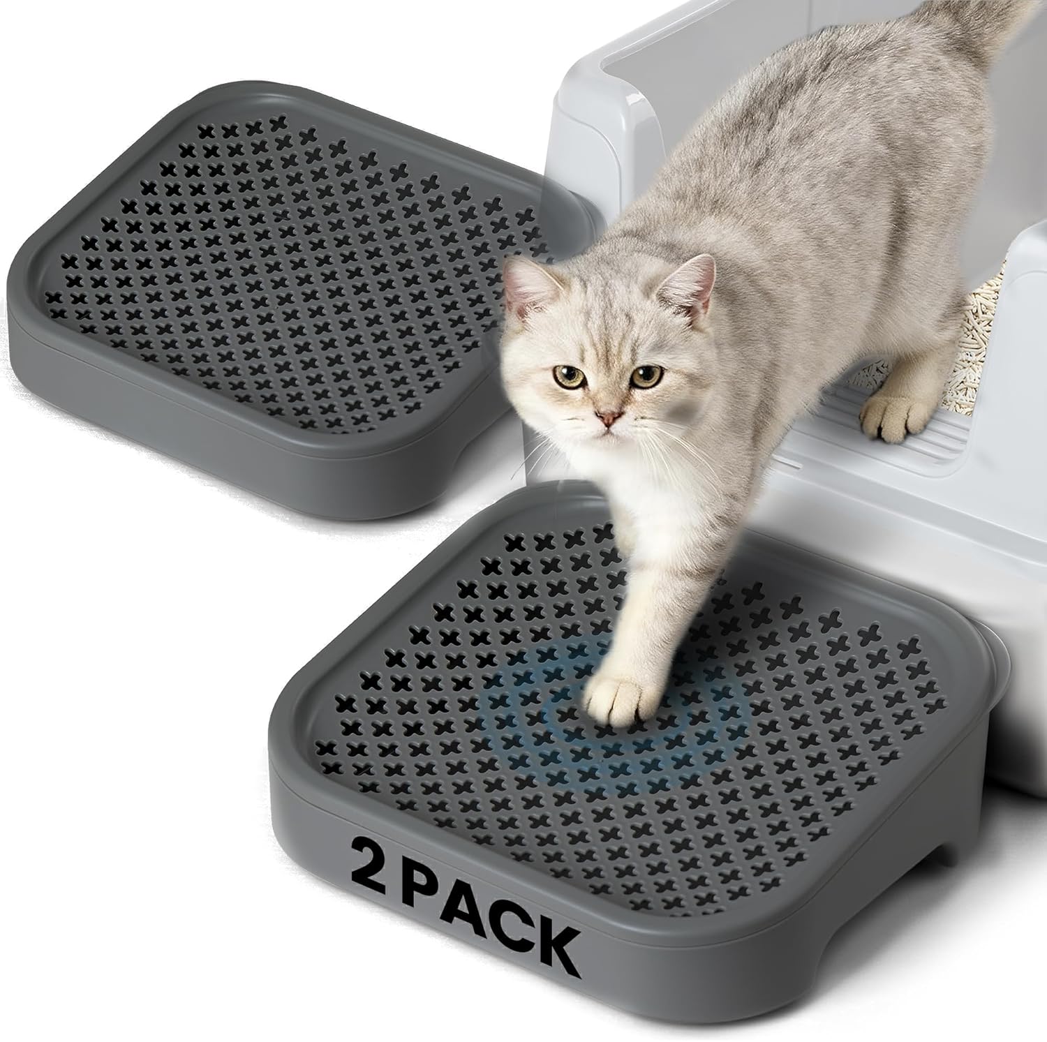 litter box step, litter box ramp/catcher, anti-tracking & easy to clean, ideal for small & elderly cats (2-pack dark grey)