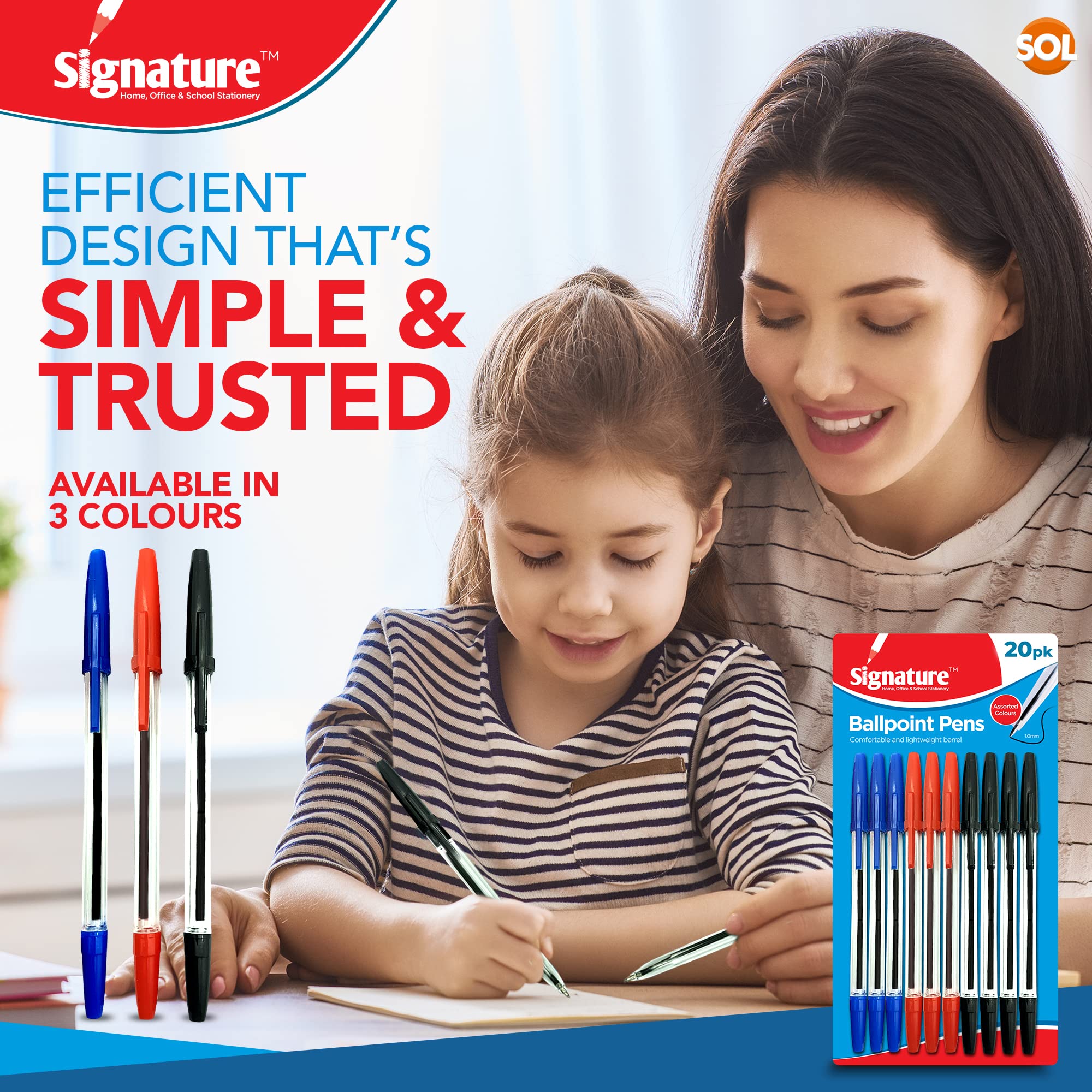 SOL 20pk Ballpoint Pens, Black, Blue and Red Biro Multipack, Smooth Writing with a Comfortable Grip - Image 4