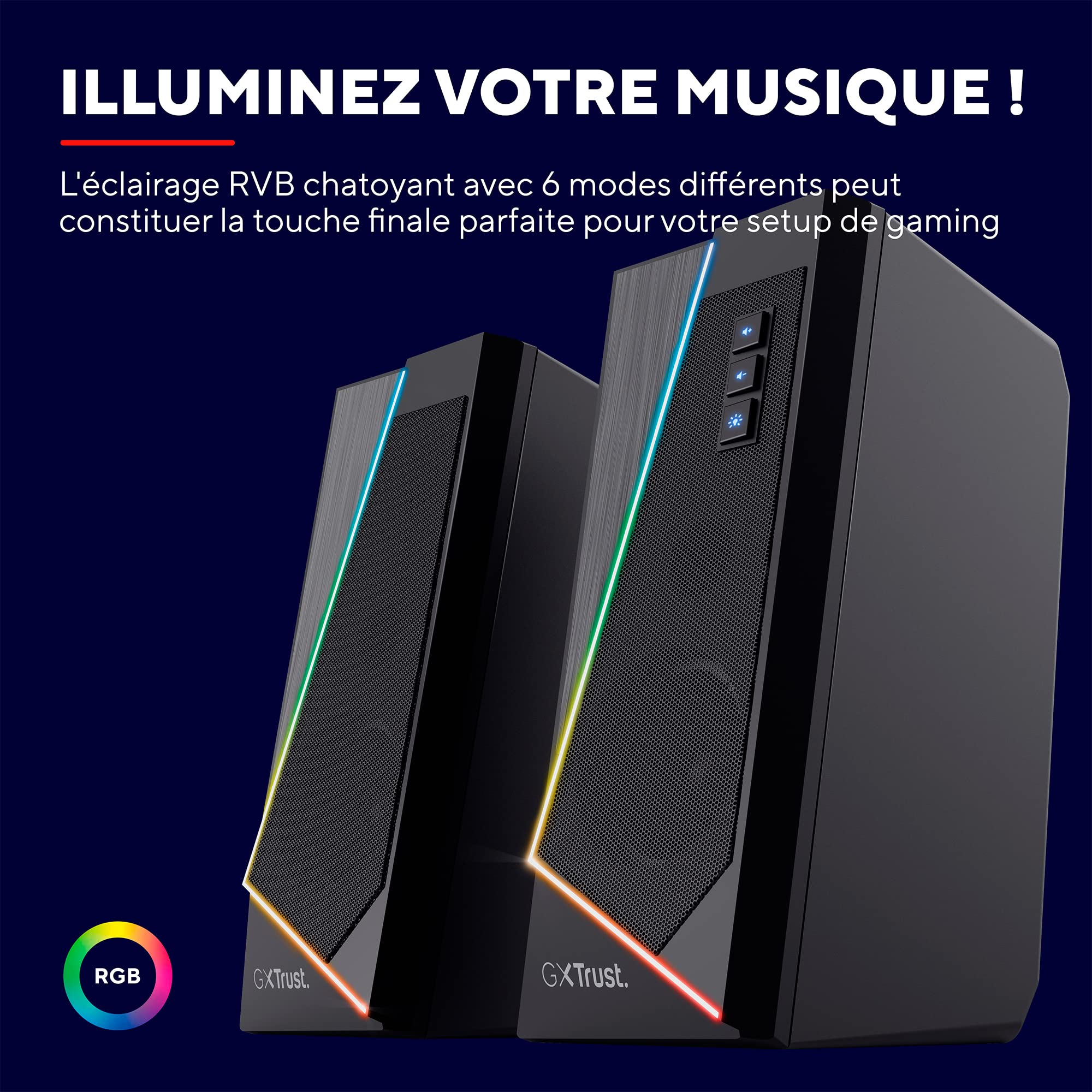 Trust Gaming GXT 609 Zoxa Système d'Enceintes, Haut-parleurs Gamer, 6 Modes d'Éclairage RGB, 12 W, Alimentation USB, Système Audio pour PC et Ordinateur Portable - Noir