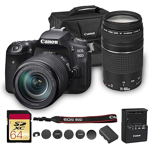 Canon EOS 90D DSLR Camera with 18-135mm Lens | 32.5MP APS-C Sensor, Dual Pixel AF & 4K Video | for Wildlife & Sports Photography (3616C016) + Canon EF 75-300mm f/4-5.6 III Lens + Bag + 64GB Card