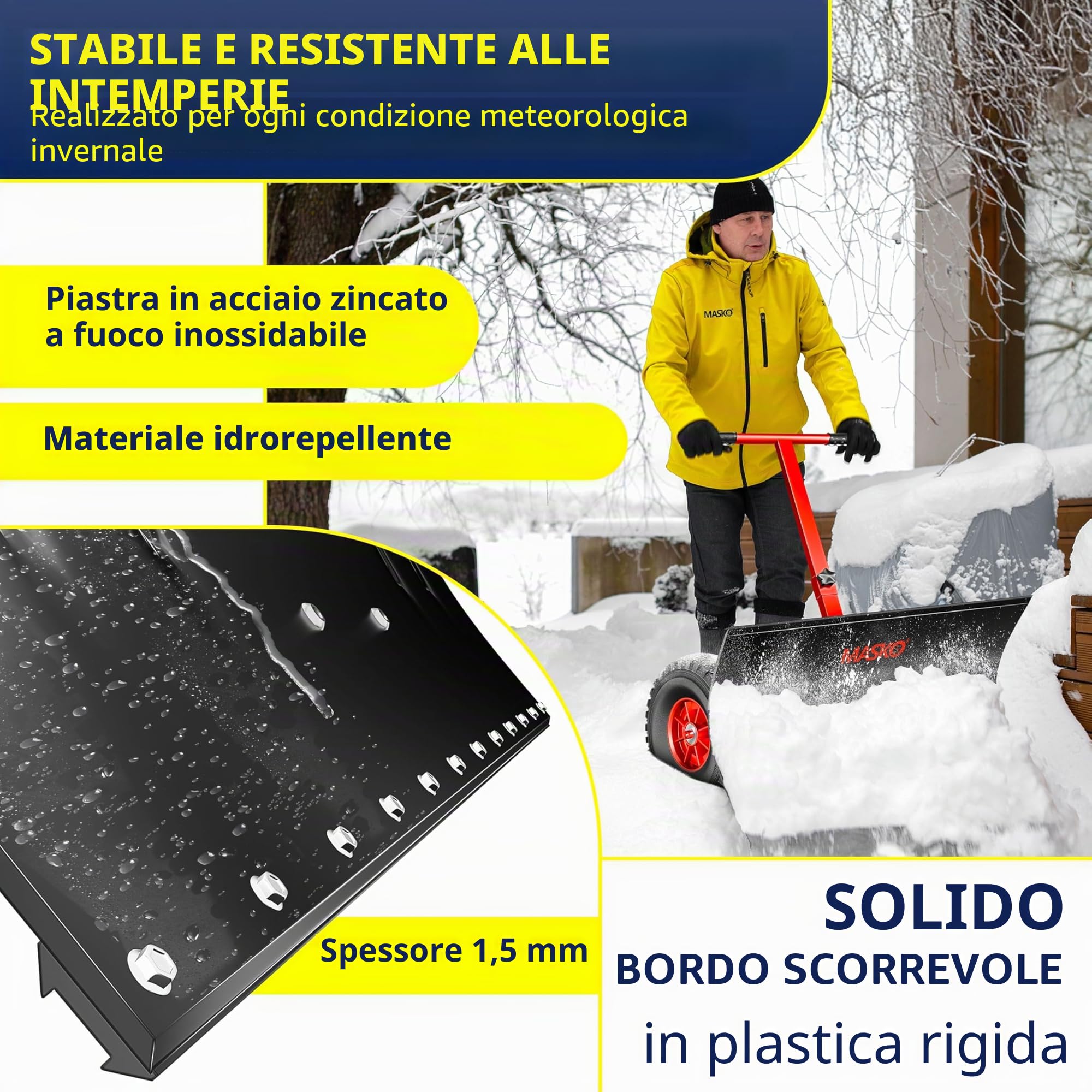 MASKO® Pala da neve su ruote regolabile in altezza – 5 posizioni, non danneggia la schiena, 75 cm, 42 cm