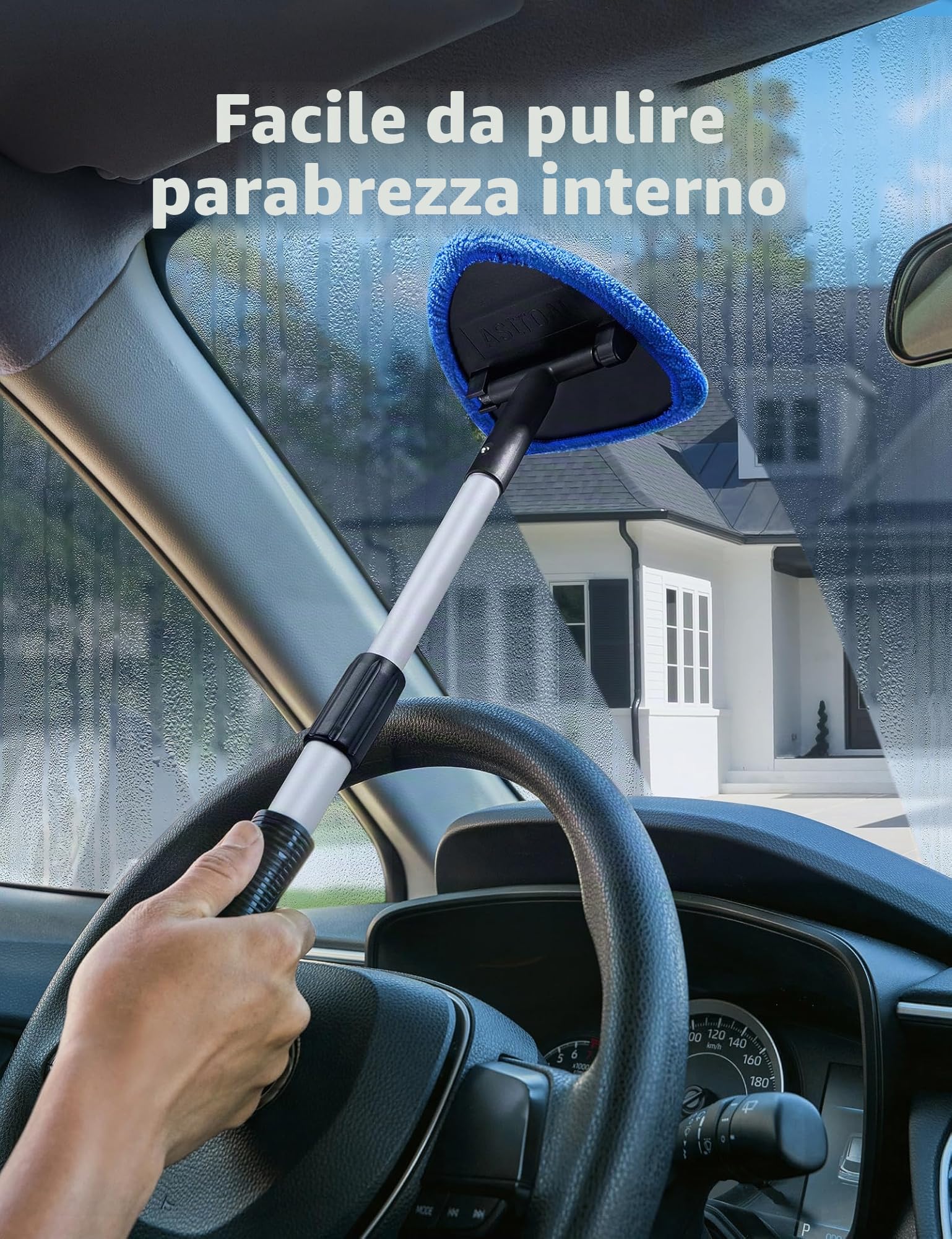 AstroAI Spazzola Auto con Panno Microfibra, Pulizia Auto con 4 Guarnizioni Riutilizzabili e Lavabili, Strumento Pulizia Parabrezza con Manico Scomponibile, Pulitivo per Vetri Interni, Blu