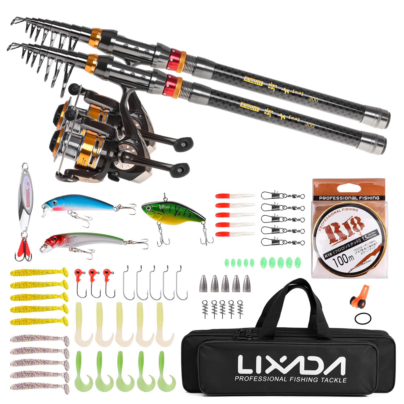 Lixada 2-teiliges Angelruten- und Rollen-Set, Teleskop-Angelrute aus Kohlefaser mit Spinnrollen-Set, Tragetasche, Koffer, Salzwasser/Süßwasser, Reise-Angelköder, Jighaken, komplettes Set