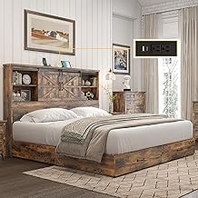 HOWE King Size Bed Frame, Wood Platform Bed Frame with 51.2" Bookcase Headboard, Storage Bed with Sliding Barn Door Charging Station 2 Drawers, No Box Spring Needed/Rustic Brown