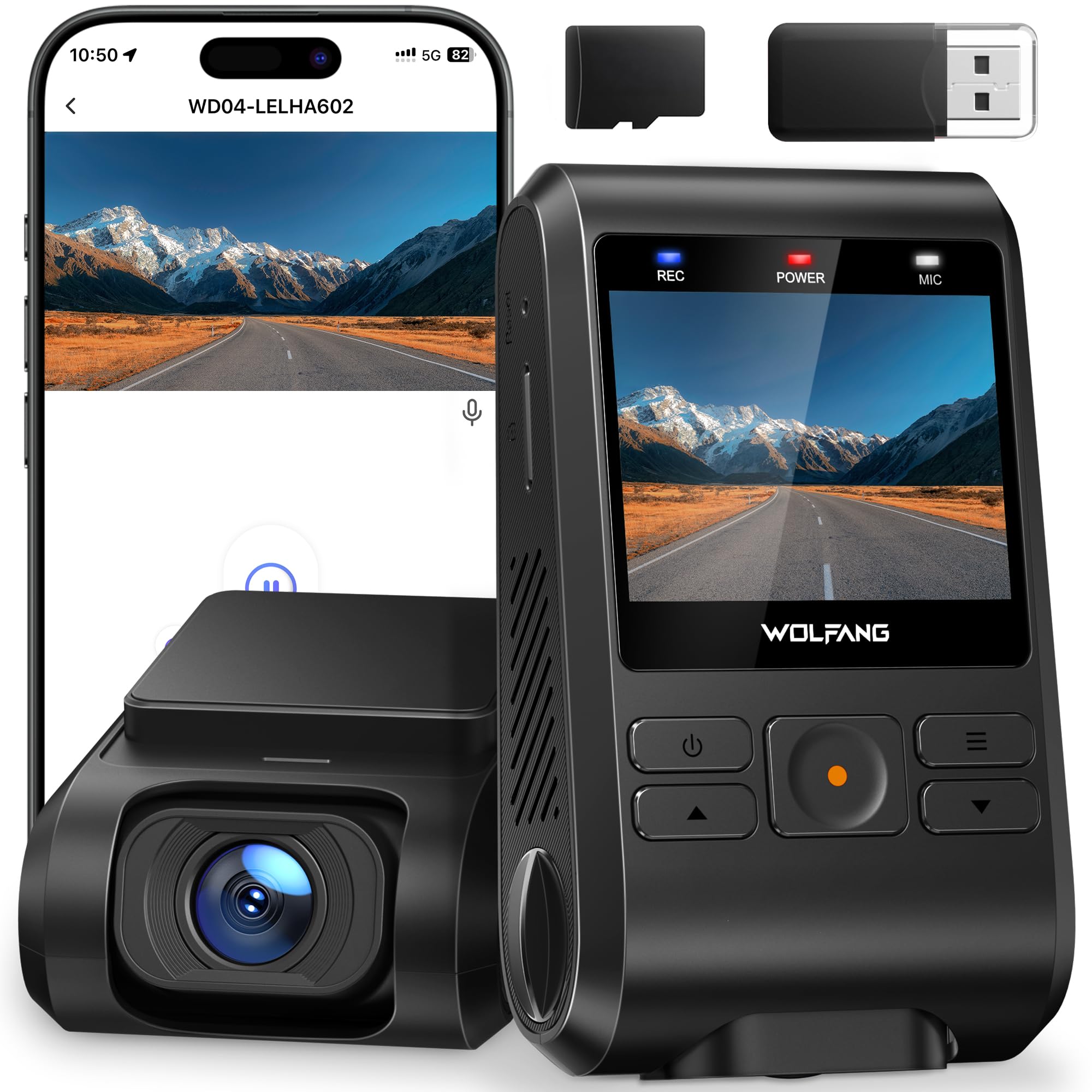 WOLFANG Dashcam, Mini 2.5K 1440P WiFi Dash Cam mit 32GB SD Karte, Ultra Nachtsicht, 2